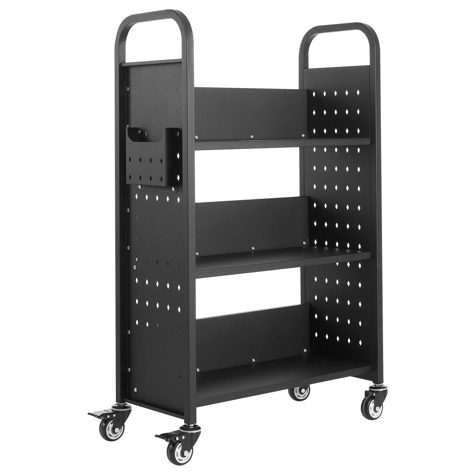 Rolling Library Book Cart, 150 kg Capacity, 77 x 38 x 122 cm Library Cart, Single Sided L-Shaped Shelves with 76.2 mm Lockable Wheels, Book Truck for Home Shelves Office and School, Black
