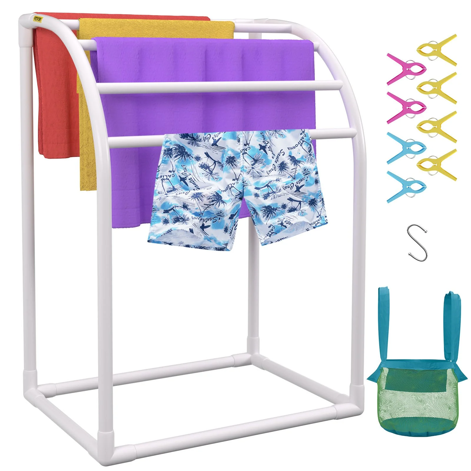Pool Towel Rack, 5 Bar, Milky, Freestanding Outdoor PVC Curved Poolside Storage Organizer, Include 8 Towel Clips, Mesh Bag, Hook, Also Stores Floats and Paddles, for Beach, Swimming Pool, Home