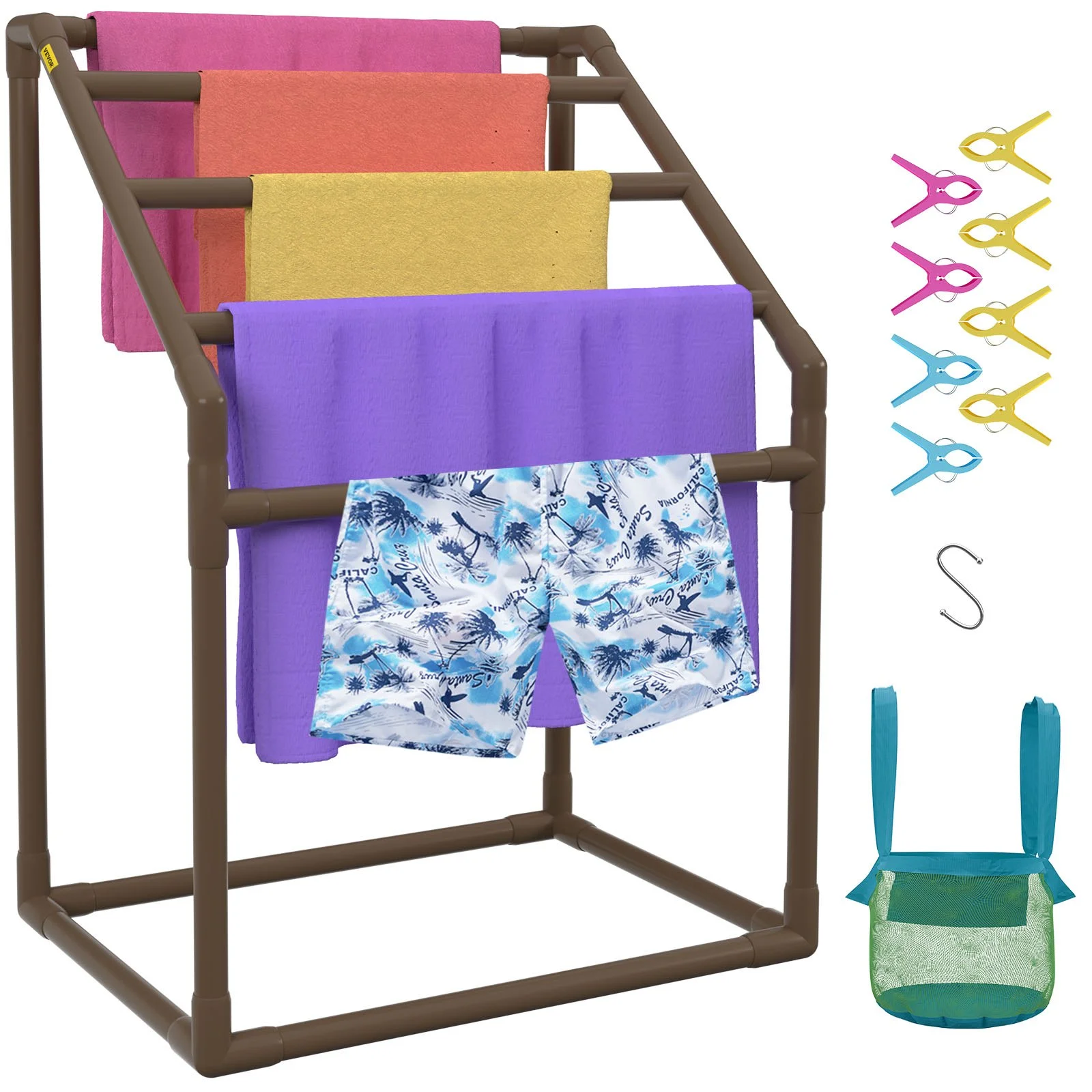 Pool Towel Rack, 5 Bar, Brown, Freestanding Outdoor PVC Trapedozal Poolside Storage Organizer, Include 8 Towel Clips, Mesh Bag, Hook, Also Stores Floats and Paddles, for Beach, Swimming Pool