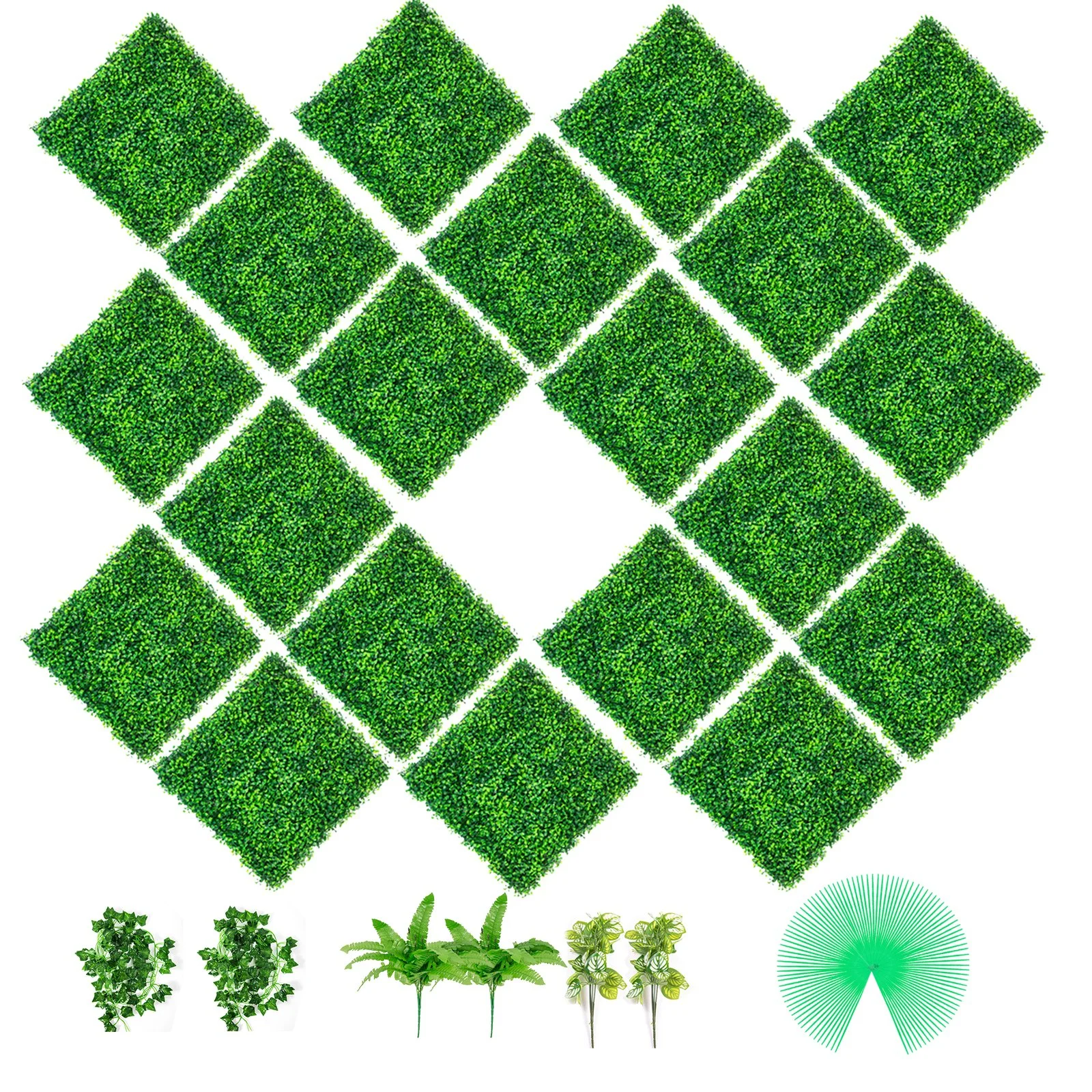 VEVOR Artificial Boxwood Panels, 20 PCS 20\"x20\" Boxwood Hedge Wall Panels, PE Artificial Grass Backdrop Wall 1.6\", Privacy Hedge Screen for Decoration of Outdoor, Indoor, Garden, Fence, and Backyar