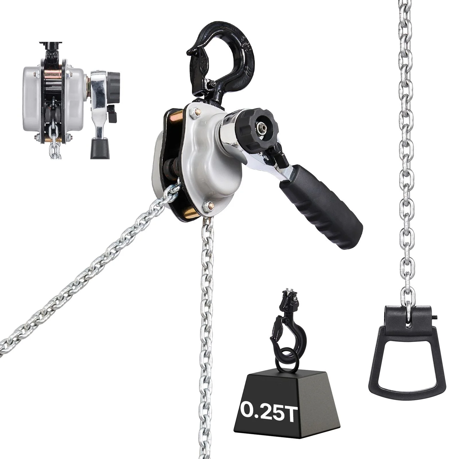 Manual Lever Chain Hoist, 1/4T 250KG Capacity Heavy Duty Come Along, 1.5M Lift G80 Alloy Steel Chain With Dual Pawl Mechanical Brake, 360° Rotating Hooks, for Warehouse Construction Garage