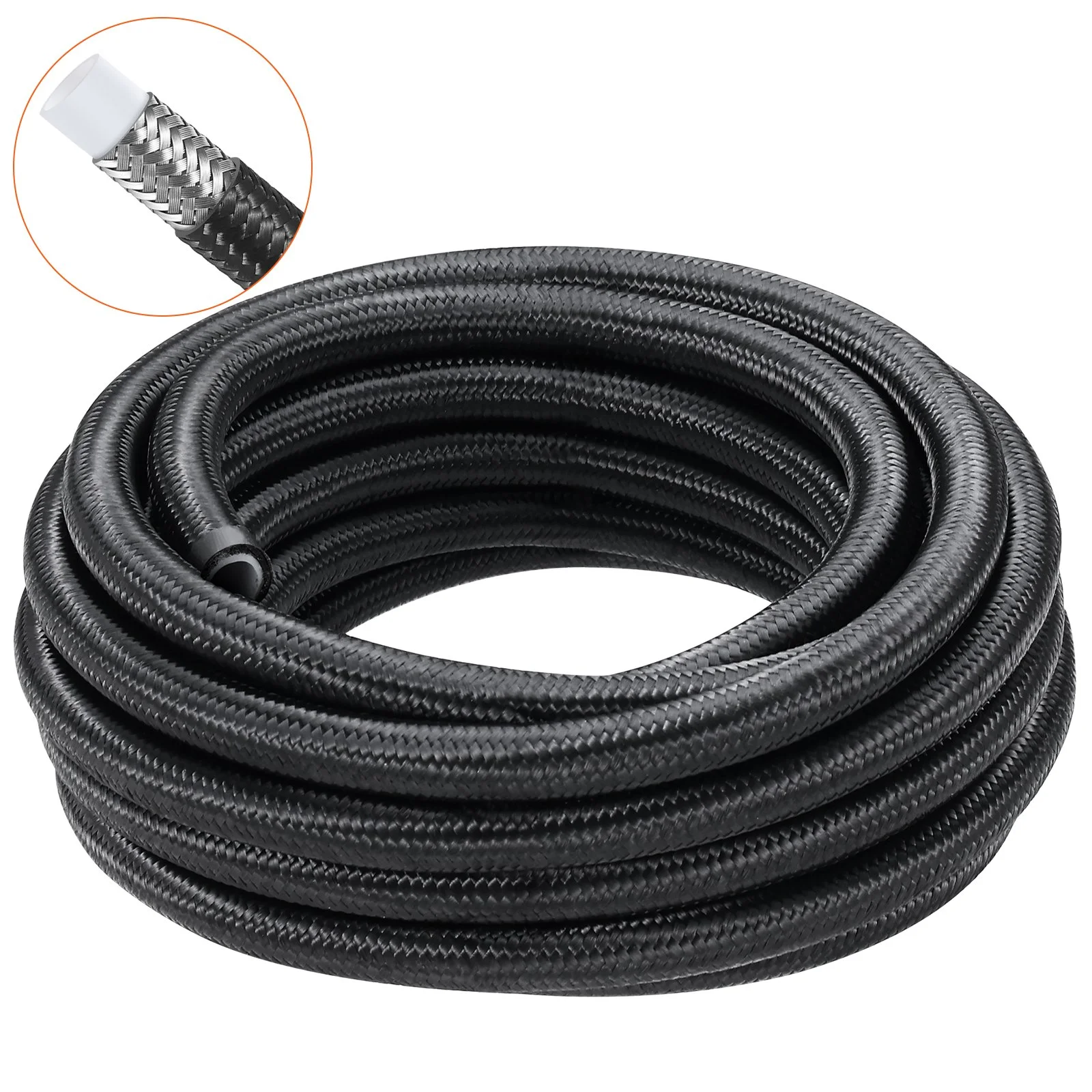 VEVOR 6AN Fuel Line Kit, 7.62 m Fuel Hose Kit, Nylon Stainless Steel Braided PTFE Fuel Line Kit, E85/Oil/Gas/Diesel Hose End Fitting Kit, with 15 PCS Swivel Fitting Adapter Kit, Black