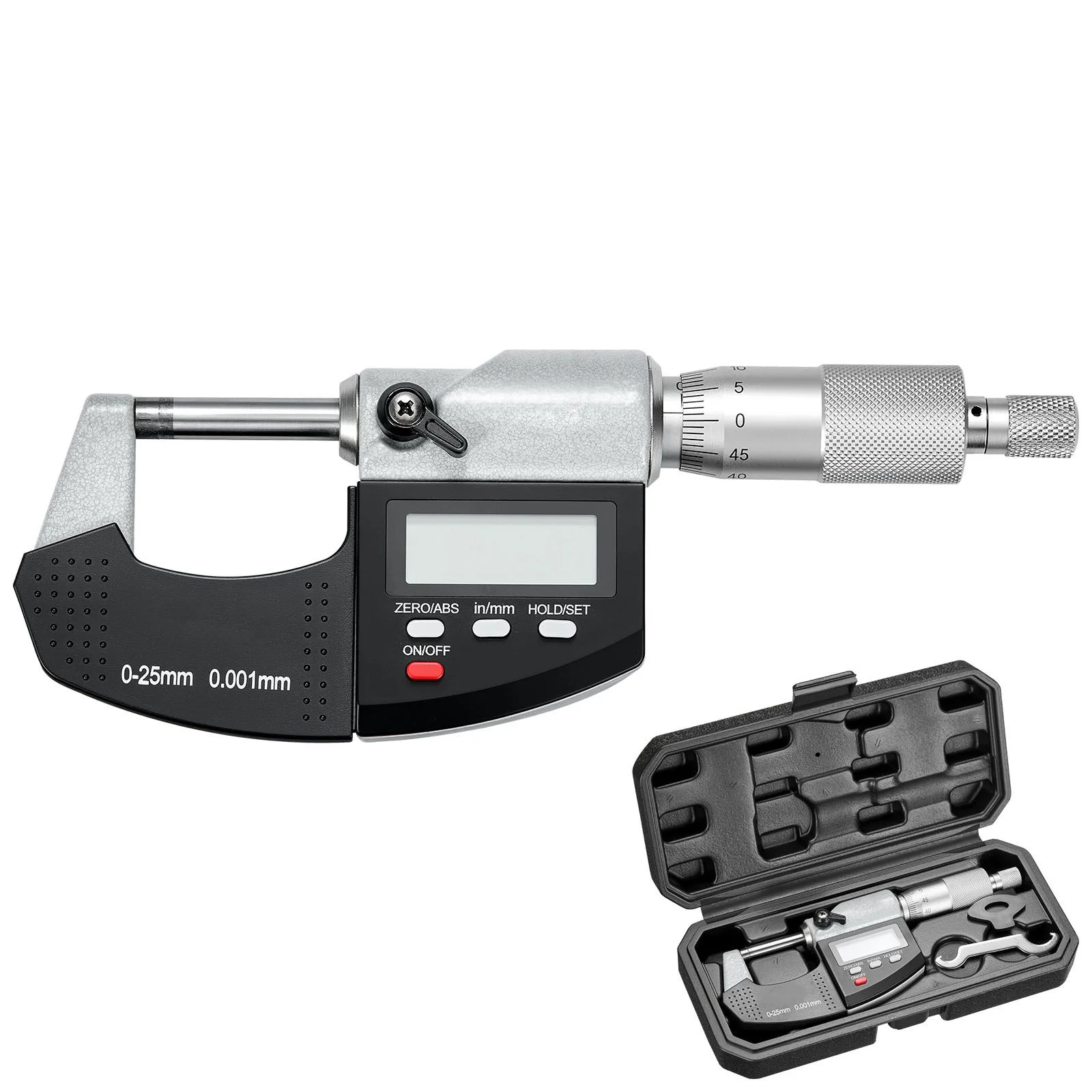 Micrometer Set, Digital Outside Micrometer 0-25.4 mm Measuring Range, 0.001 mm Resolution, Ultra-Precision Accuracy, LCD Screen, in/mm Switch, Carbide Tip, with Protective Case