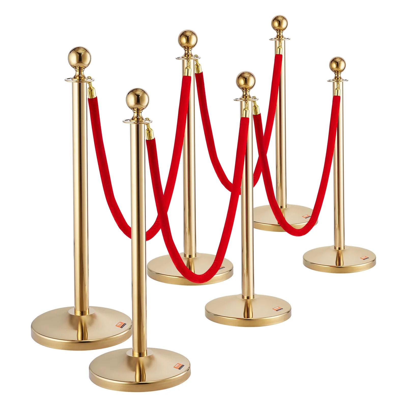 VEVOR Stanchion Post with Velvet Rope, 6-Pack Crowd Control Stanchion with 4PCS 5FT Red Velvet Ropes, Stainless Steel Queue Barrier Line Divider with Fillable Base & Ball Top for Wedding Museum Party