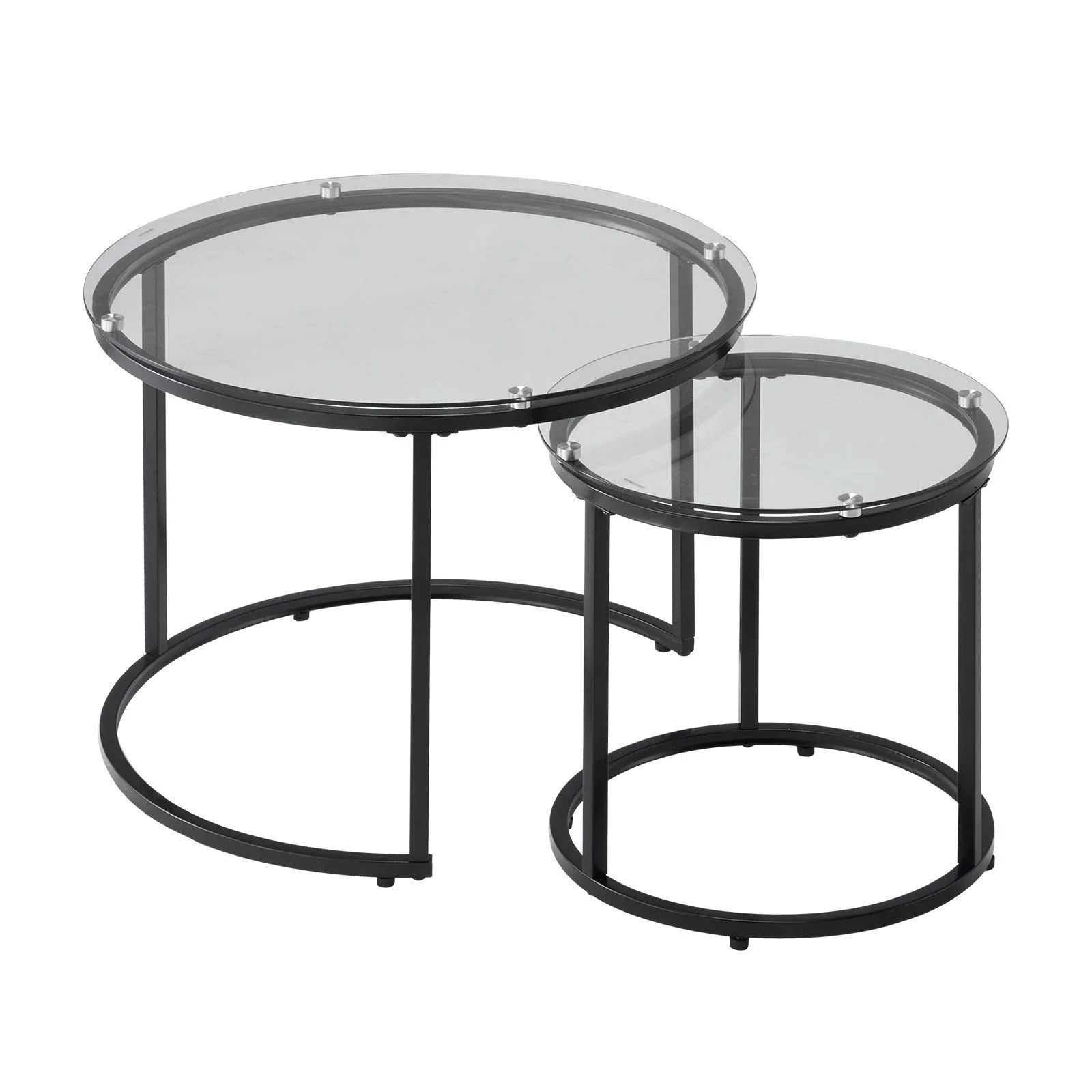Nesting Coffee Table Set of 2, 600 mm Round Coffee Table, Glass Nesting Tables for Small Place, Modern End Side Tables Night Stand with Metal Frame, for Living Room, Bedroom, Balcony, Office