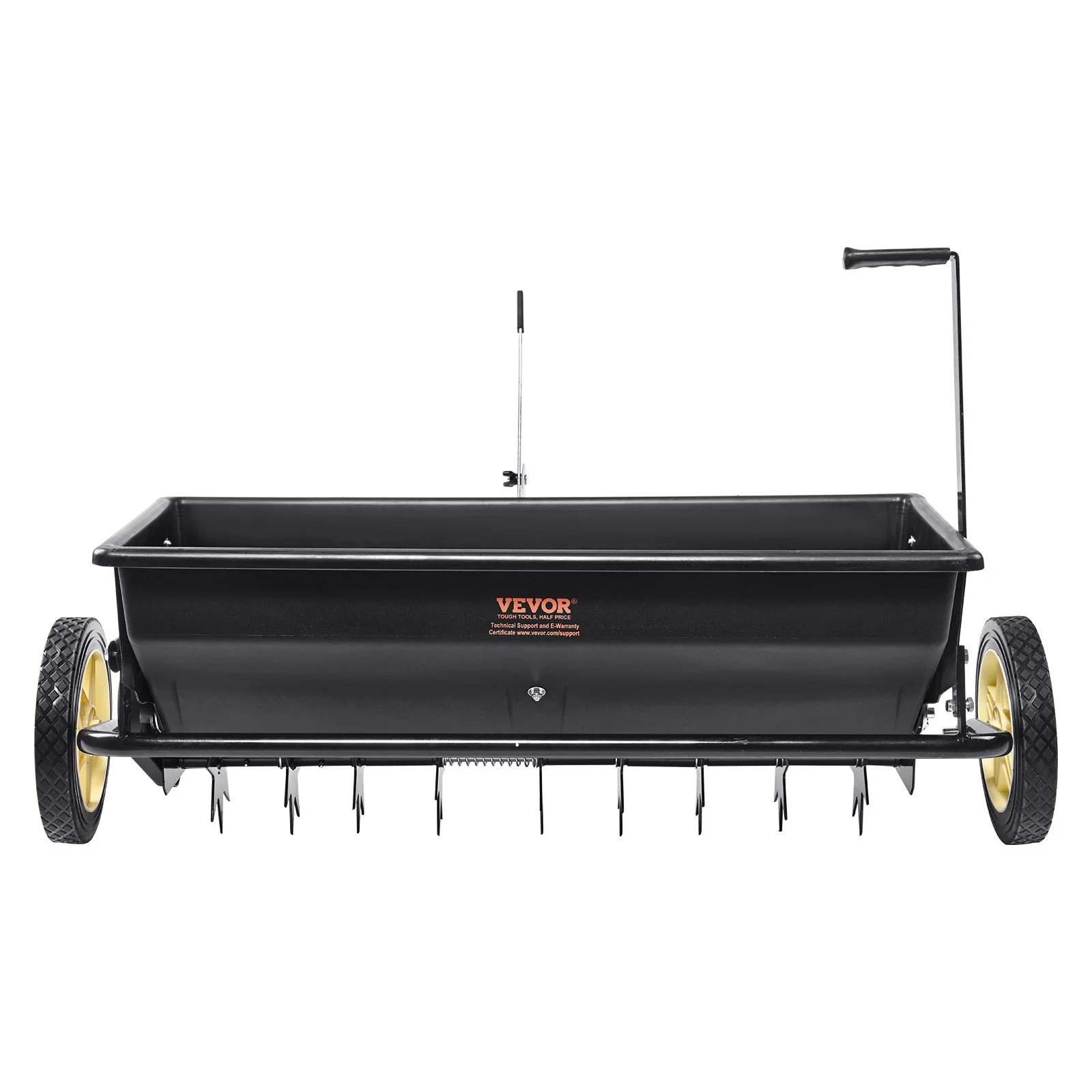 VEVOR Broadcast Spreader, 100 LB Tow Behind Poly Drop Spreader with 10" Wheels, Steel Spike Aerator, Fertilizer Spreader, Garden Seeder, and Salt Spreader, for Residential, Farm, Tough Terrain, Black