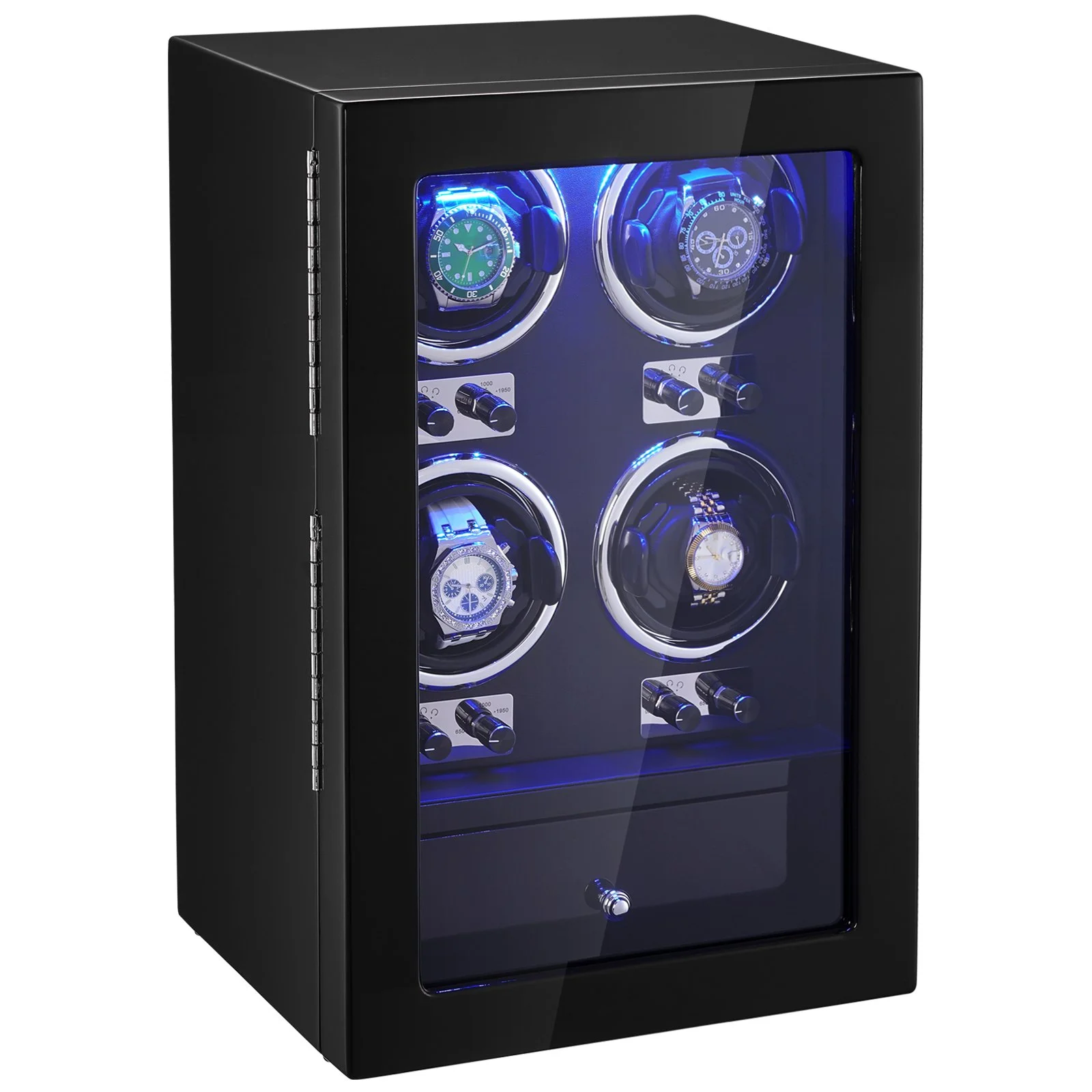 VEVOR Watch Winder, Watch Winder for 4 Men's and Women's Automatic Watches, with 4 Super Quiet Japanese Mabuchi Motors, Blue LED Light and Adapter, High-Density Board Shell and Black PU