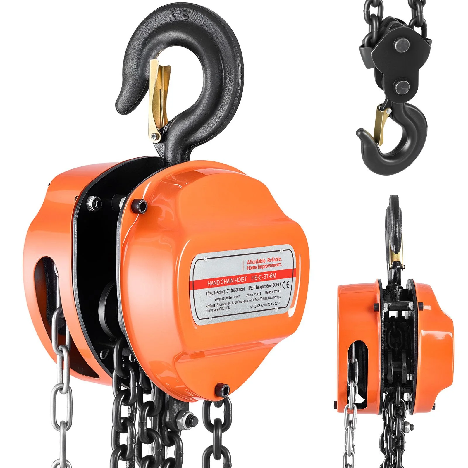 Hand Chain Hoist, 3 Ton Capacity, Manual Chain Block with Upgrade G80 Galvanized Chain, 6 m Lifting Height, Heavy Duty Pulley Hoist for Garage Warehouse Automotive Machinery, Orange