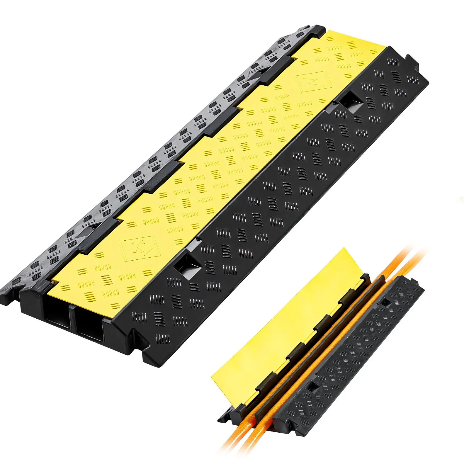 Cable Protector Ramp, 9,979 kg/axle Capacity, 2 Channel Heavy Duty Rubber Cord Hose Wire Cover, 55 x 50 mm Channel, Traffic Speed Bump with Flip-Open Top Cover, for Indoor Outdoor Use, 1 Pack