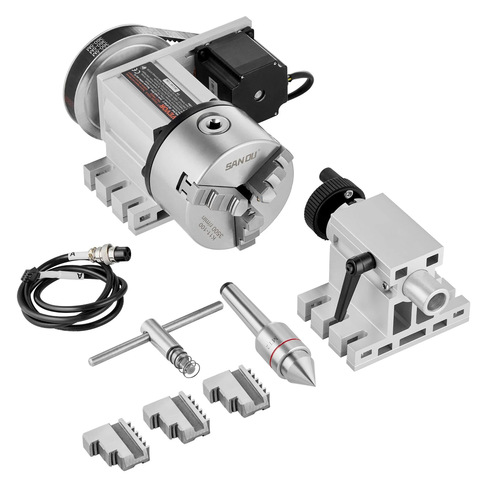 VEVOR Dividing Head, K11-100mm 3-Jaw Chuck, CNC Router Milling Machine Rotational Axis 4th Axis A Axis Indexing Head, 65 mm Center Height MT2 Tailstock 6:1 Gear Ratio, Universal for Engraving