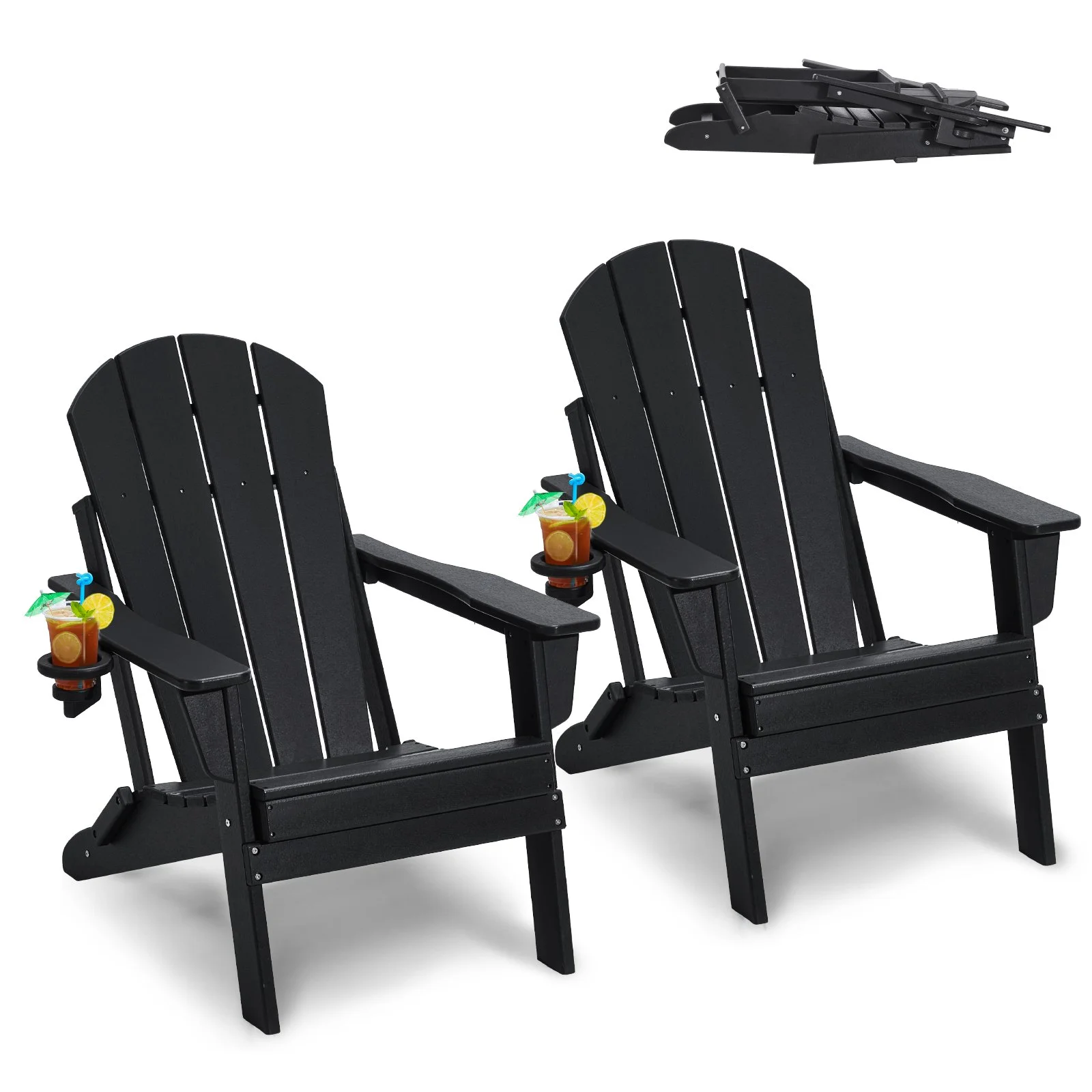 VEVOR Adirondack Chair Plastic, Set of 2 All-Weather Portable Folding Fire Pit Chair, Outdoor Adirondack Patio Chair with Cup Holder, with Relaxing Arm Rest Ergonomic, for Garden, Backyard - Black