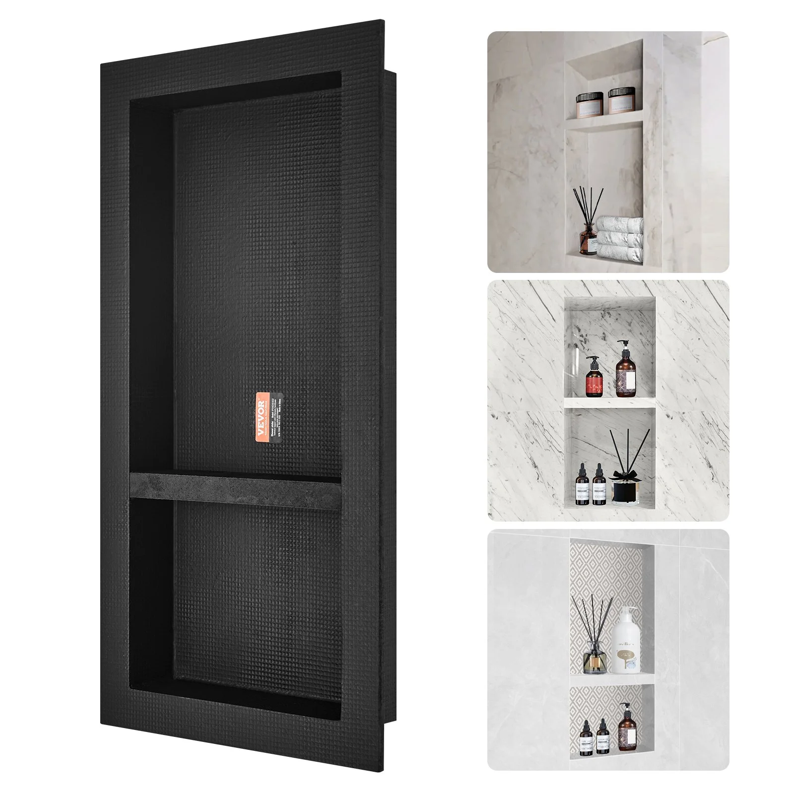 Shower Niche Ready for Tile 40.64 x 81.28 cm, Double Shelf Organizer, Square Corners Wall-inserted Niche Recessed, Sealed Protection Modern Soap Storage Niche for Shower Bathroom, Black