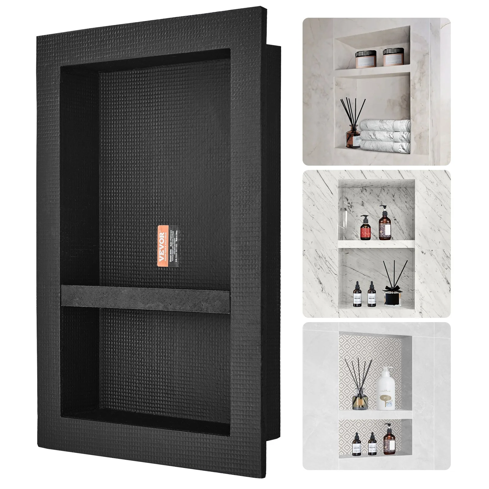 VEVOR Shower Niche Ready for Tile 40.64 x 60.96 cm, 16 x 24 inch Double Shelf Organizer, Square Corners Wall-inserted Niche Recessed, Sealed Protection Modern Soap Storage Niche for Shower Bathroom, Black