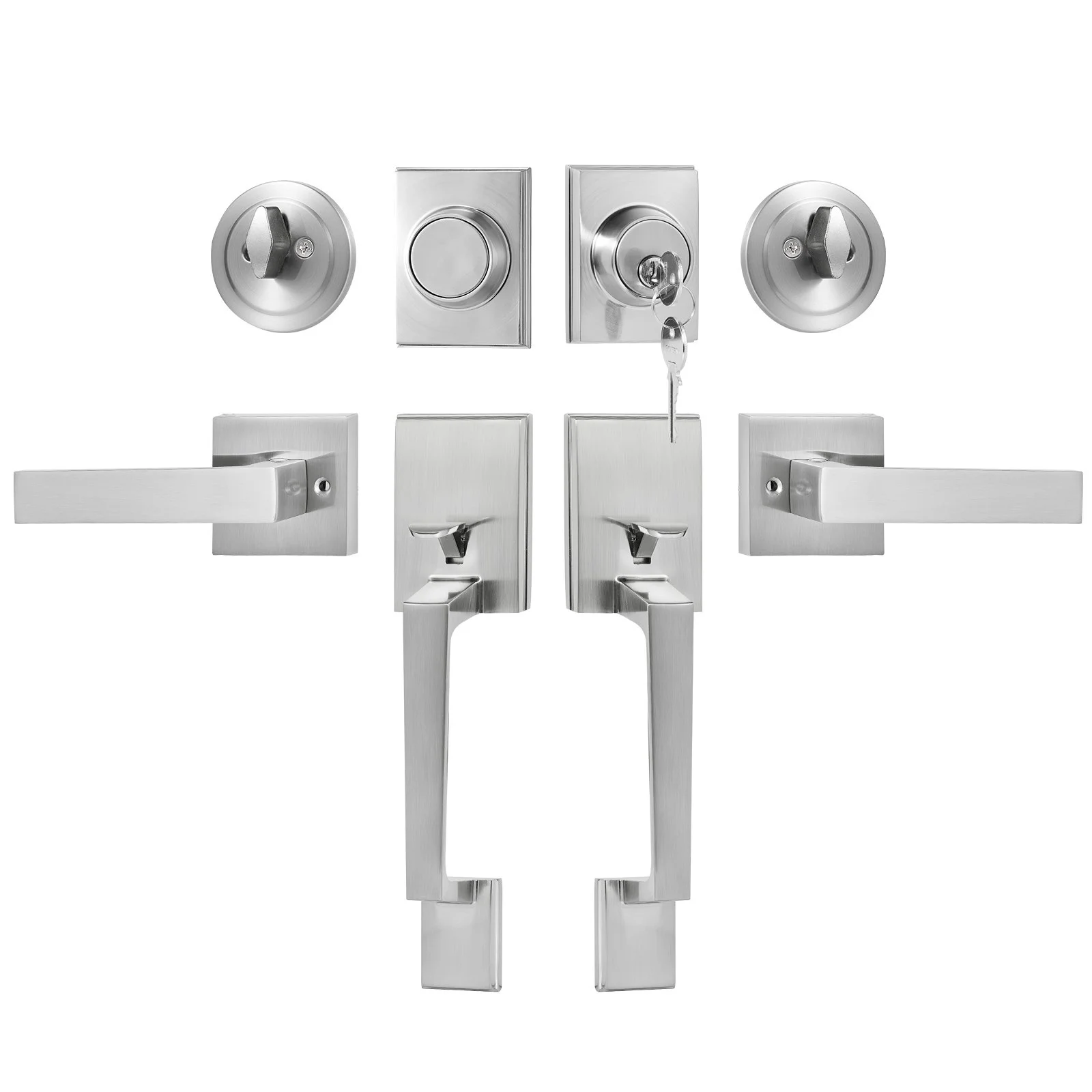 Double Door Handle Set, Satin Nickel Square Door Lever, Heavy Duty Double Front Door Handle Set with Dummy, Double Door Lock Set with Reversible Handle Lever, for Front Door or Office Door