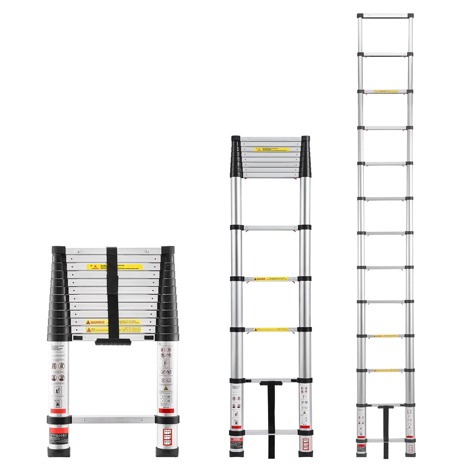 VEVOR 3.8m Telescoping Ladder, Aluminum Lightweight Multi-Purpose Collapsible Extension, One-Touch Retraction Ladder, Heavy Duty 150kg Max Capacity with Non-Slip Feet, for Home, Outdoor Work, Loft