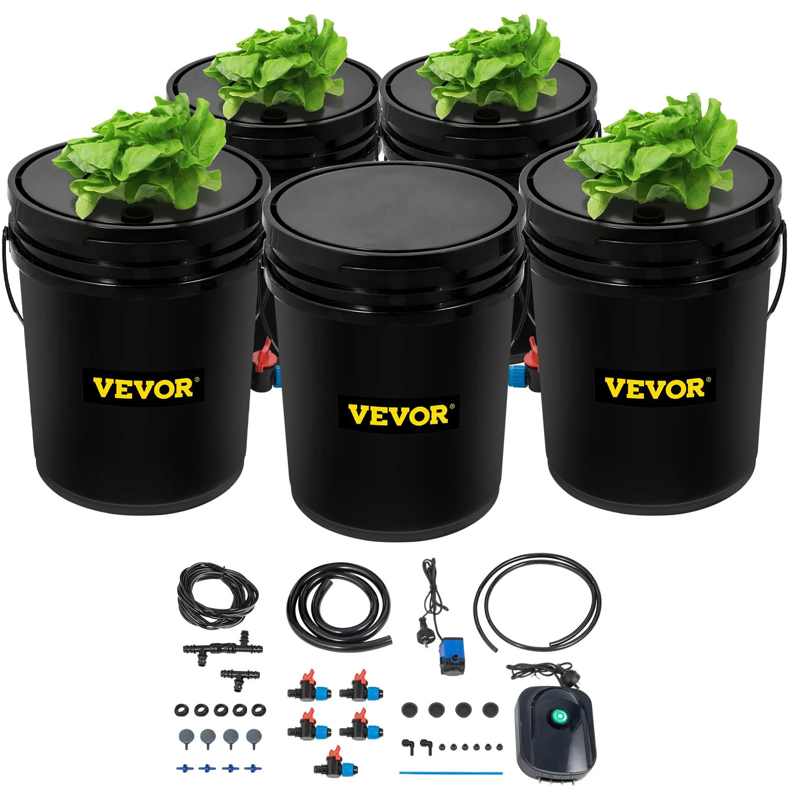 VEVOR DWC Hydroponic System, 5 Gallon 5 Buckets, Deep Water Culture Growing Bucket, Hydroponics Grow Kit with Pump, Air Stone and Connected Reservoir, for Indoor/Outdoor Leafy Vegetables
