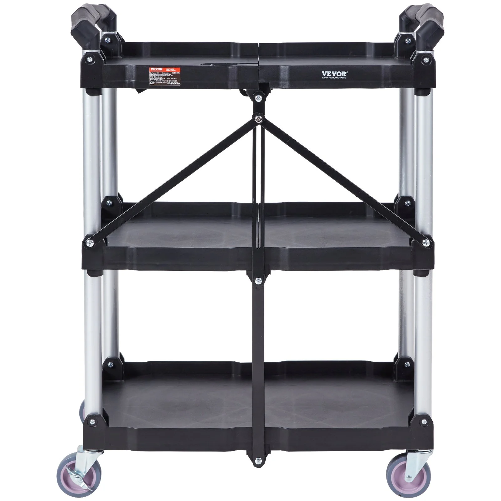 Foldable Utility Service Cart, 3 Shelf 165LBS Heavy Duty Plastic Rolling Cart with Lockable Wheels, Ergonomic Handle, Portable Garage Tool Cart for Warehouse/Office/Home(25.62"x15.43"x32.76")