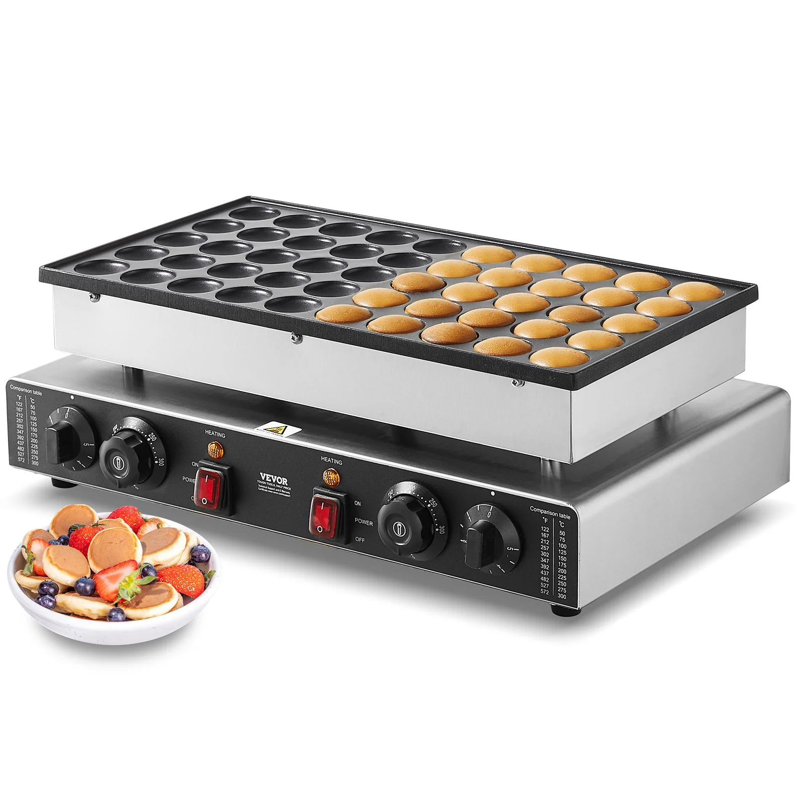 VEVOR Mini Dutch Pancake Maker, 50PCS 43mm Diameter Dorayaki Baker Machine, 1700W Commercial Electric Poffertjes Grill, Non-stick Stainless Steel, Dual Temp & Time Control, for Home Kitchen Restaurant