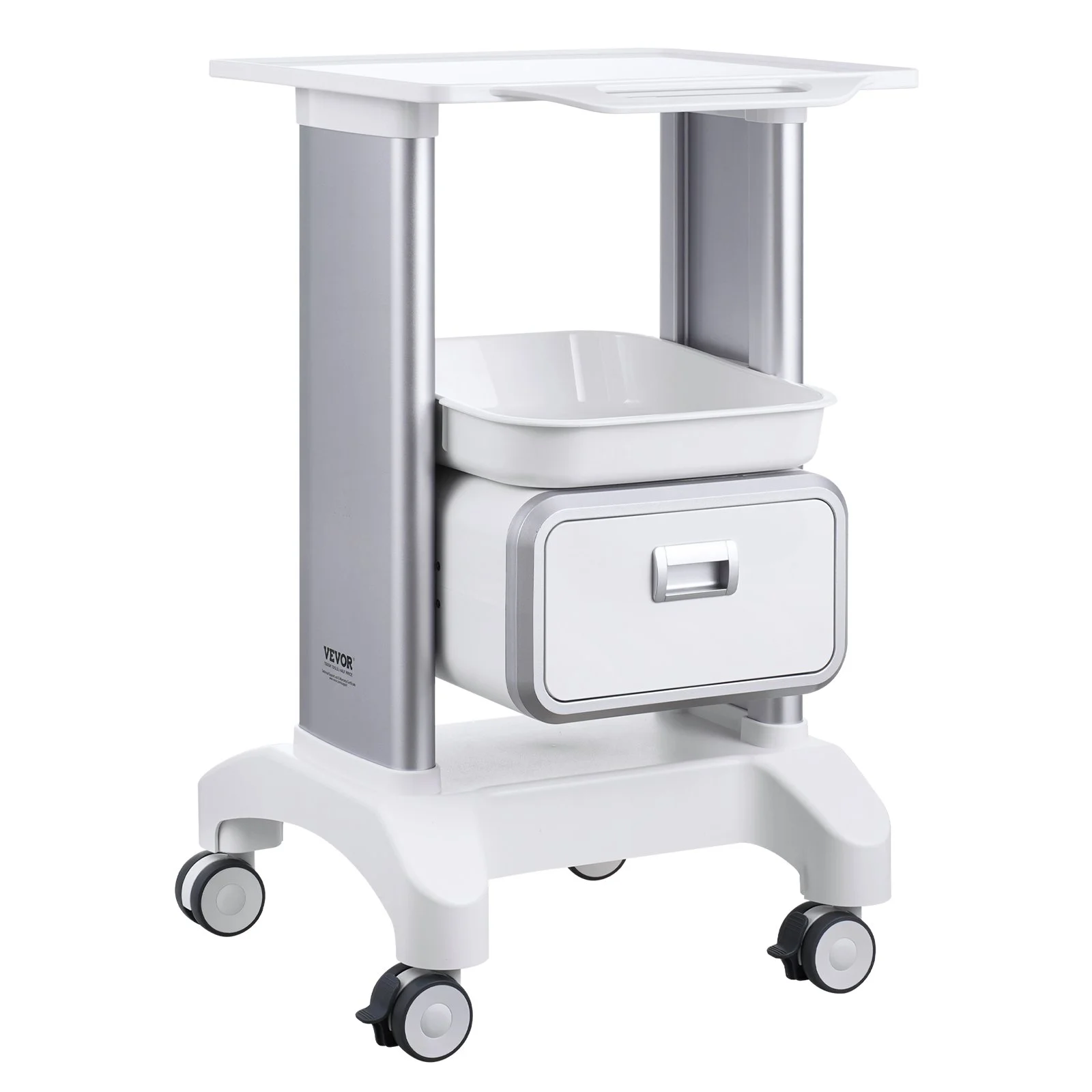 VEVOR 2 Tiers Lab Carts Mobile Medical Cart with 1 Drawer & 1 Top Tray White