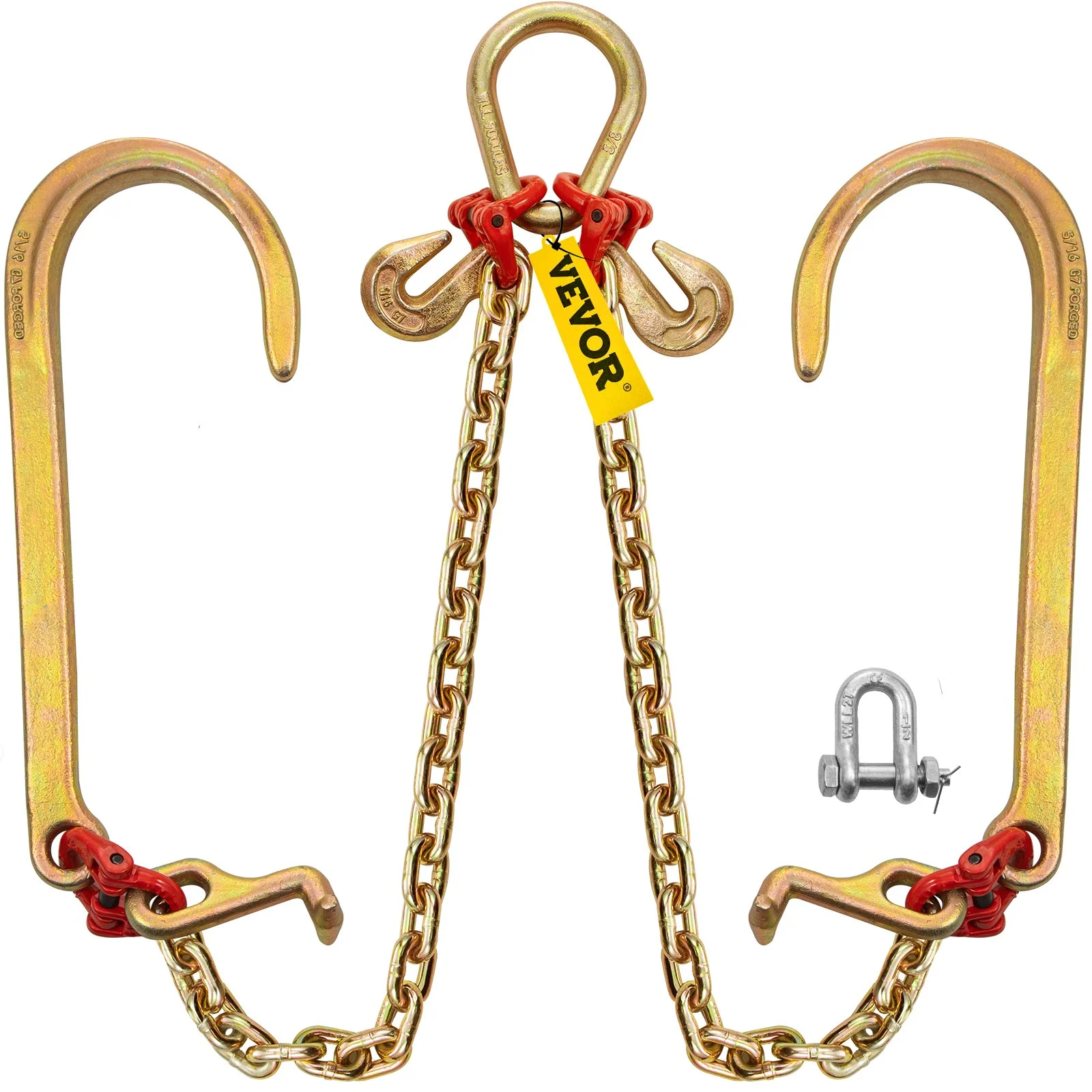 VEVOR V Bridle Chain, 5/16 in x 2 ft Bridle Tow Chain, Grade 80 V-Bridle Transport Chain, 9260 Lbs Break Strength with TJ Hooks and Crab Hooks, Heavy Duty Pear Link Connector and Chain Shorteners