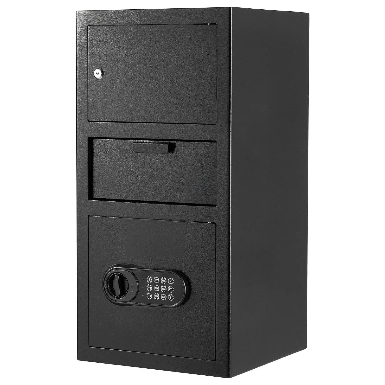 3.6 Cubic Feet Drop Safe, Large Capacity Front Drop Slot Safe Box with Digital Keypad, Heavy Duty 3 Tiers Cash Depository Box with Spare Keys for Cash, Bank Slip, Jewelry, Document, Bill, Black