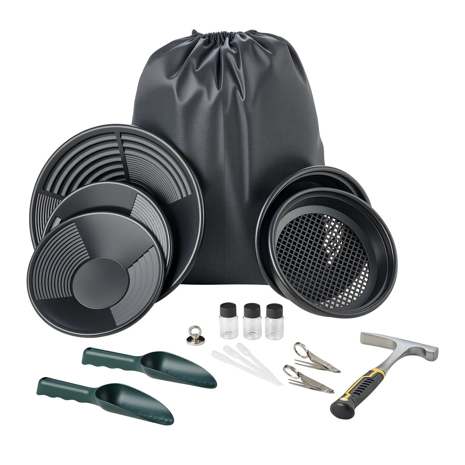 Gold Panning Kit, 254 mm and 355 mm Pans, 19 PCS Portable Prospecting Equipment Kit with Classifier Sieves, Sand Magnet, Rock Pick, Scoops, Backpack, and Accessories, for Outdoor Gold Recovery