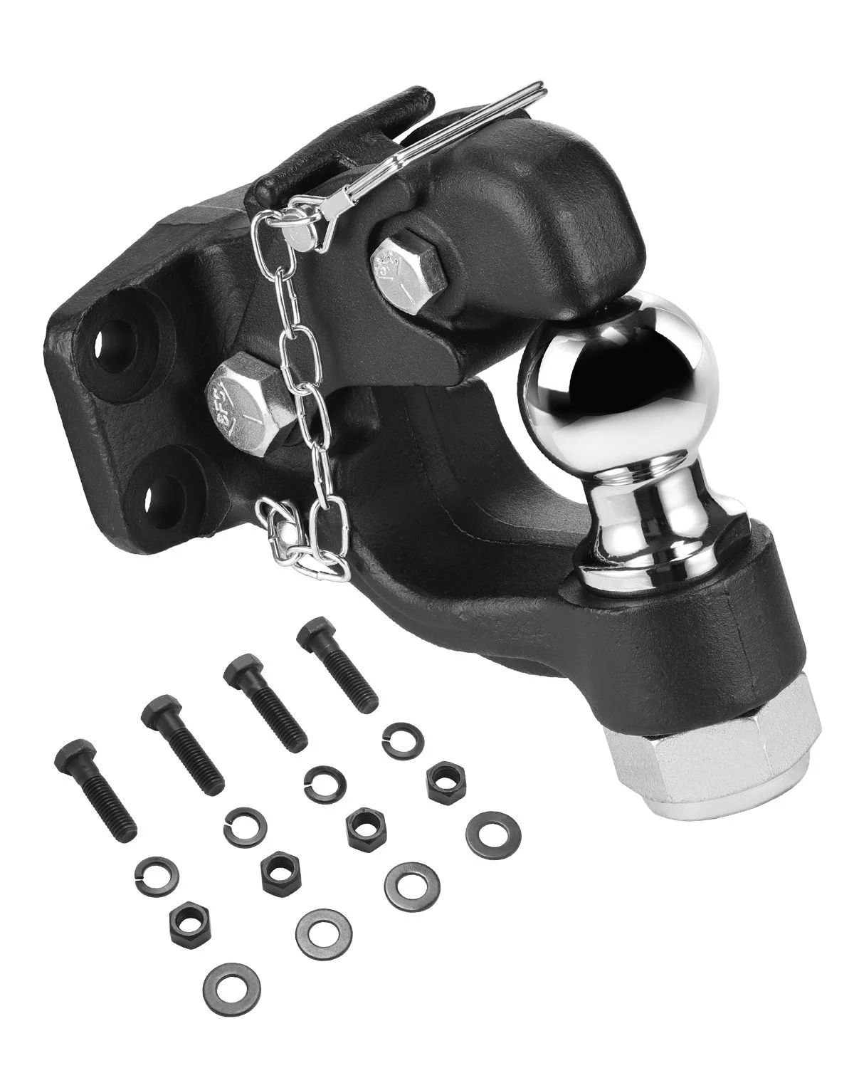 Pintle Hook, 9070 kg Towing Capacity, Trailer Hitches Receiver Hook Combination 50.4 mm Hitch Ball, Fits for 63.5 to 76.2 mm Lunette Ring with Mounting Kit, Wear-resistant, Black Powder Coat