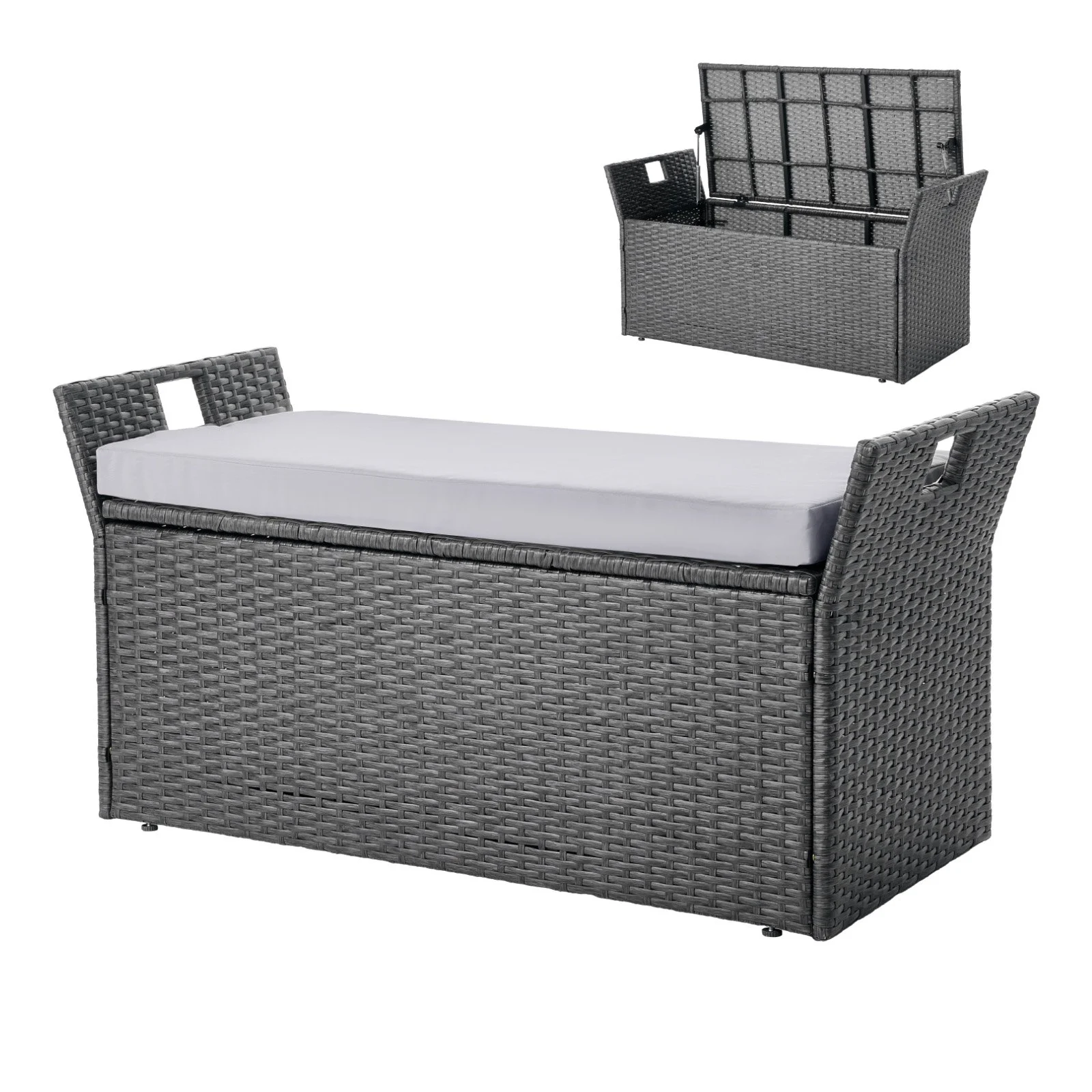 VEVOR Outdoor Storage Bench, 2-Person PE Rattan Storage Bench, 151L Deck Box with Cushion & Side Handle, Supports up to 181kg, Weatherproof Outdoor Seating & Porch Decor for Patio Garden Balcony