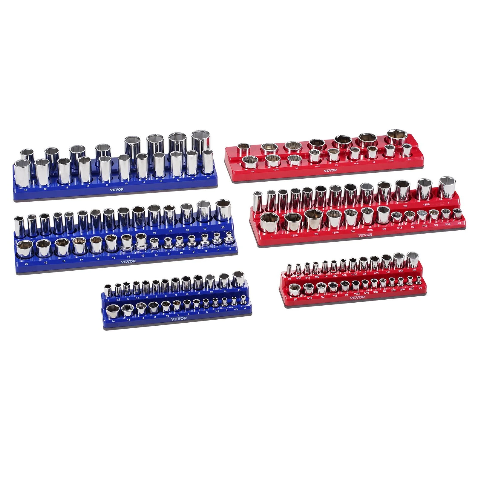 VEVOR Magnetic Socket Organizer Set, 6PCS Socket Holder, 1/4'', 3/8'' & 1/2'' Metric SAE Socket Trays with Clear Labels, Hold up to 143PCS Standard & Deep Sockets, Blue & Red (Sockets Not Included)