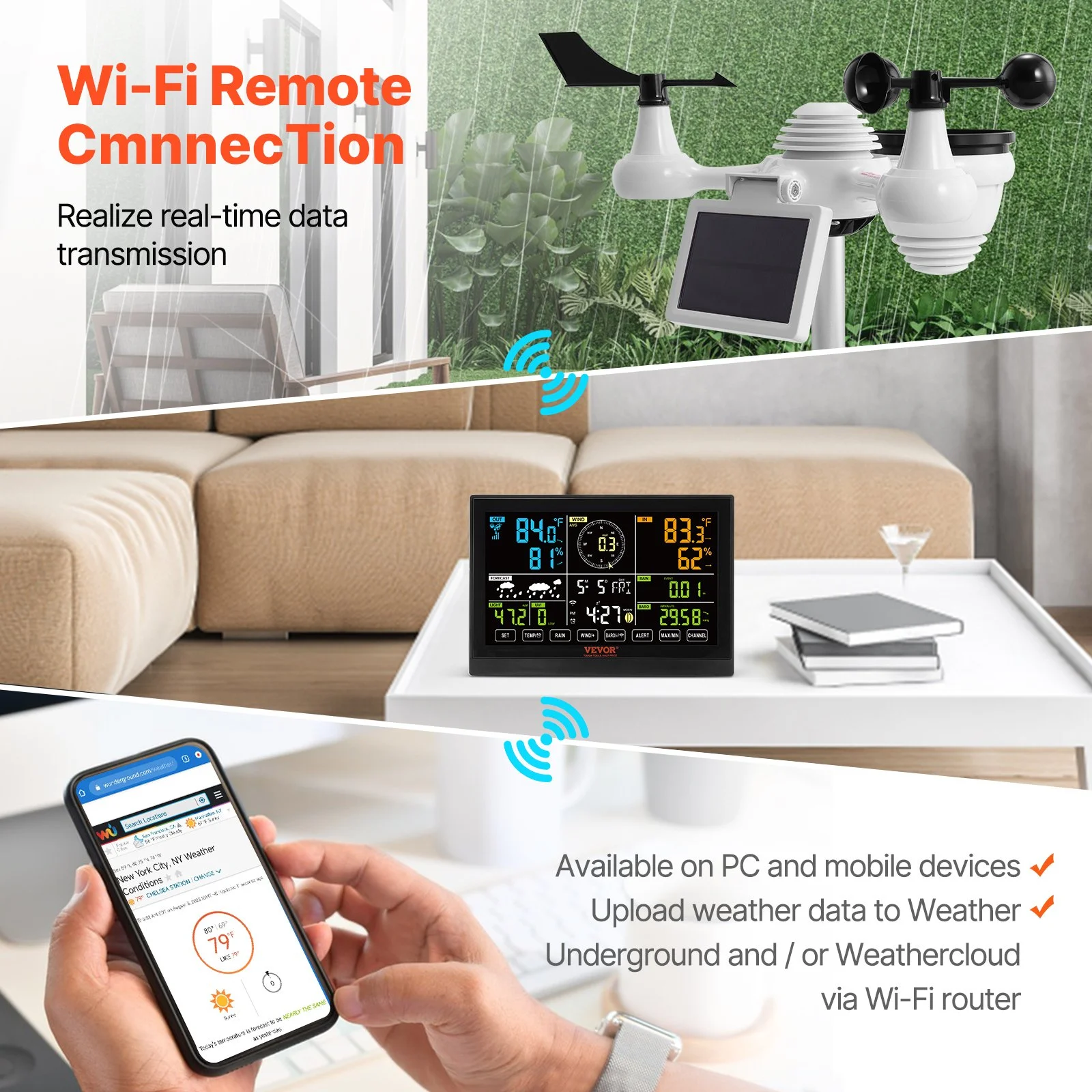 7-in-1 Wi-Fi Weather Station, 7.5 in Color Display, Home Weather Station Indoor Outdoor, with Solar Wireless Outdoor Sensor Alarm Alerts, for Temperat thumbnail 3