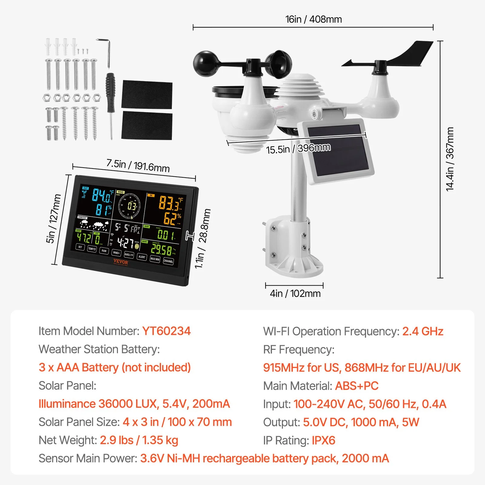 7-in-1 Wi-Fi Weather Station, 7.5 in Color Display, Home Weather Station Indoor Outdoor, with Solar Wireless Outdoor Sensor Alarm Alerts, for Temperat thumbnail 7