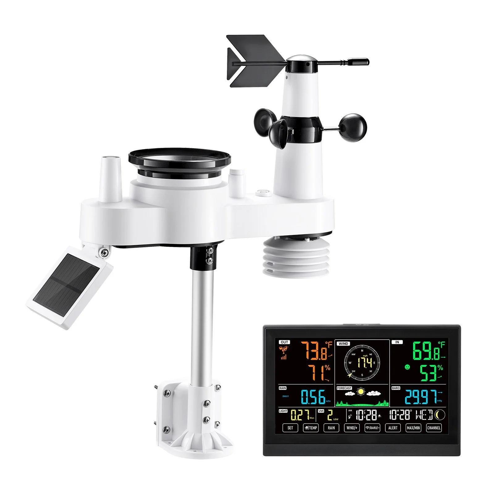 VEVOR 7-in-1 Wireless Weather Station, 190.5 mm VA Display, Solar Powered Outdoor Sensor, Rain Gauge, Indoor Outdoor for Weather Forecast, Temperature, Humidity, Wind Speed and Direction (No WiFi)