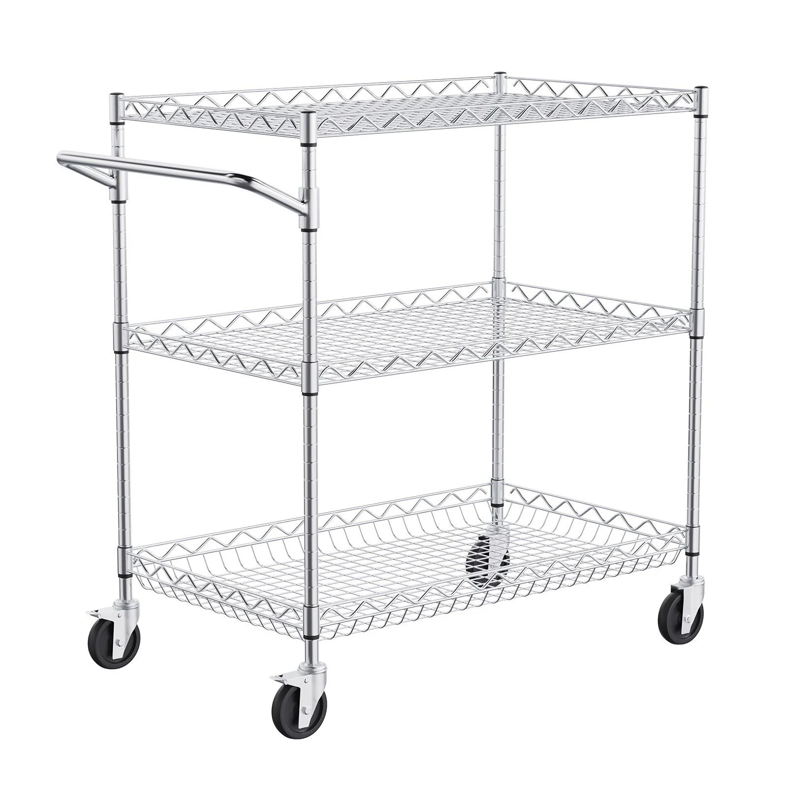 Kitchen Utility Cart, 3 Tiers, Wire Rolling Cart with 300kg Capacity, Steel Service Cart on Wheels, Metal Storage Trolley with 80mm Deep Basket Curved Handle 6 Hooks, for Indoor and Outdoor Use