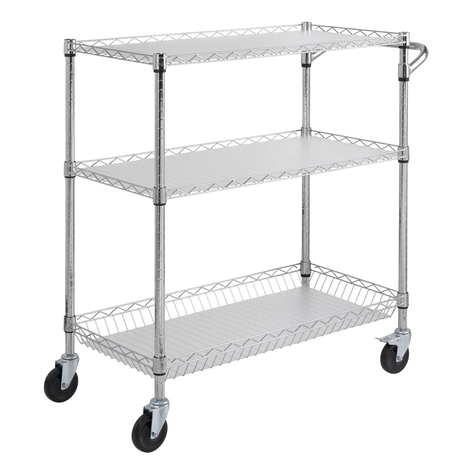 VEVOR Kitchen Utility Cart, 3 Tiers, Wire Rolling Cart, Steel Service Cart on Wheels, Metal Storage Trolley with 80mm Basket Curved Handle PP Liner 6 Hooks, for Indoor and Outdoor