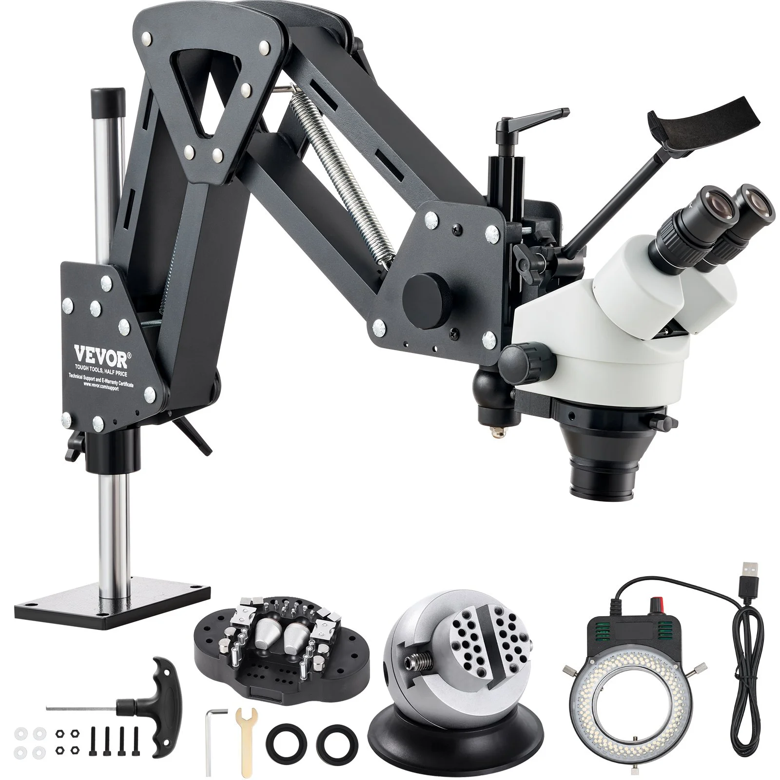 Multi-Directional Microscope with Spring Bracket, 7X-45X Magnification Jewelry Microscope, Micro Jewelry Inlaid Stand with Integrated USB Ring LED Light and 360° Ball Vise, for Jewelry Inlay