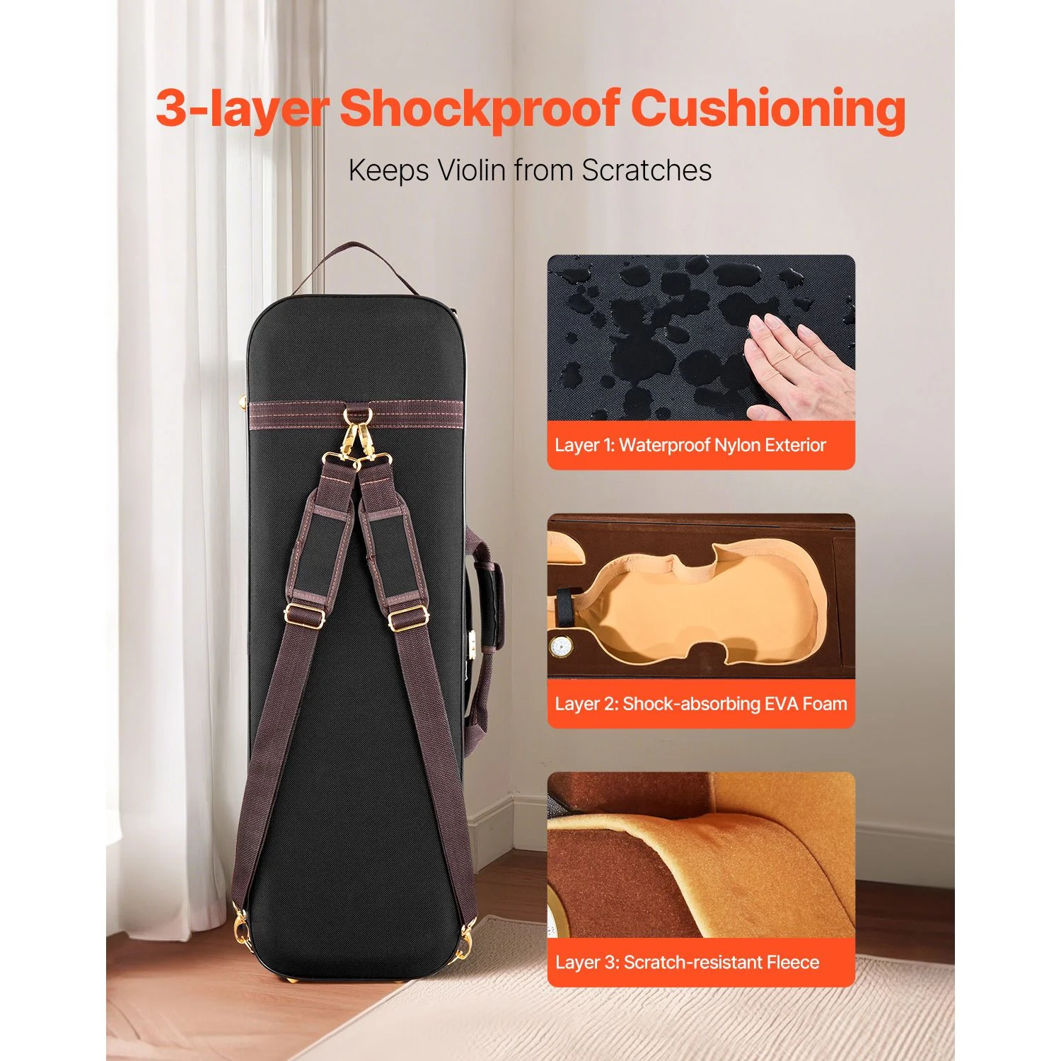 4/4 Full Size Violin Case, Built-in Hygrometer, Lightweight Portable Travel Carrying Bag, with Plush Lining, Shoulder Straps, Anti-Scratch, Profession thumbnail 2