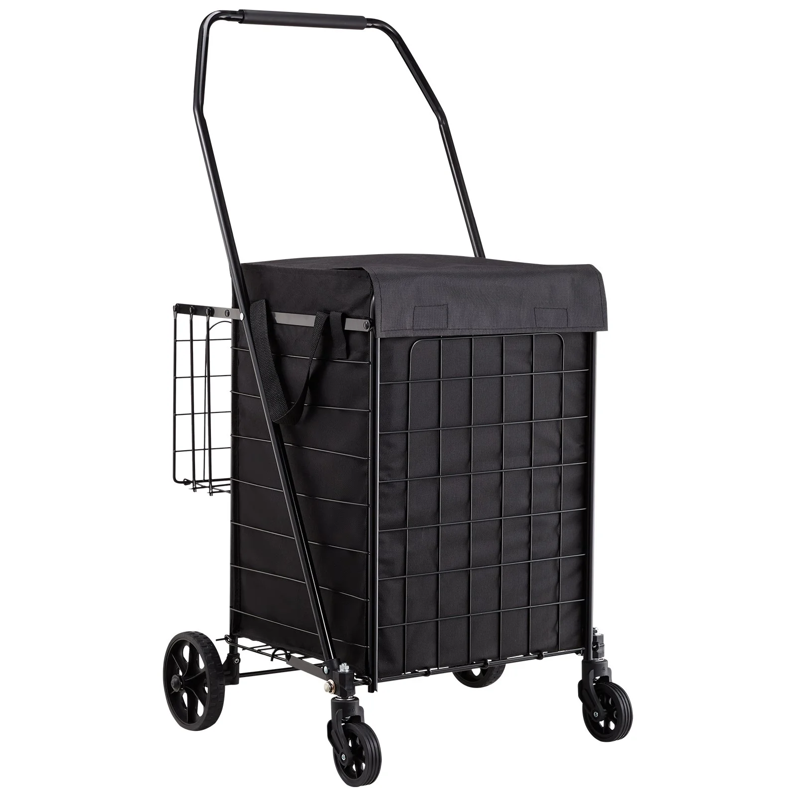 Shopping Cart, Folding Grocery Utility Cart with Dual Baskets, Waterproof Liner & Wheels, 45 KG Large Load Capacity, Heavy Duty Laundry Basket for Laundry, Shopping, Camping, Grocery, Luggage