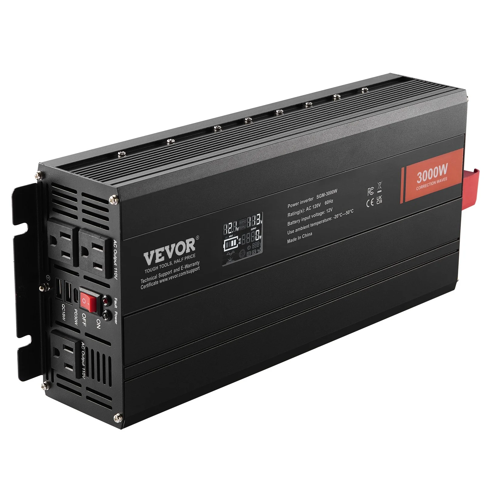 VEVOR Modified Sine Wave Inverter, 3000Watt, DC 12V to AC 230V LCD Display Power Inverter with 3 AC Outlets 2 USB Port 1 Type-C Port 10 Spare Fuses, for Large Household Equipment, CE FCC Certified
