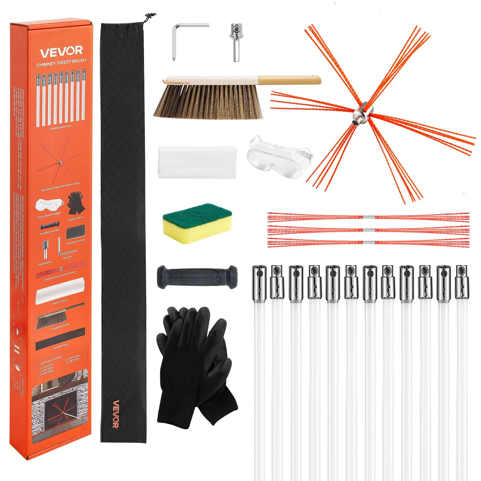 Chimney Sweep Kit, 12m Maximum Extendable Length Chimney Sweep, Chimneys Cleaning Kit with Bristle Replacements & Goggles, 90° Bendable Fireplace Cleaning Tool, for Square, Rectangle Chimneys