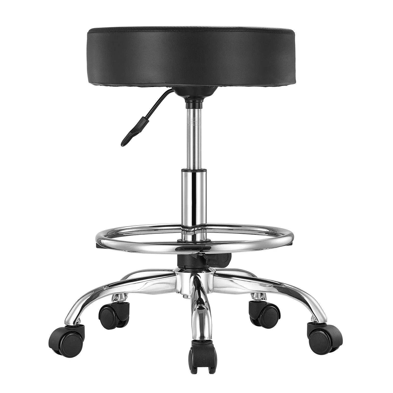 Round Rolling Stool, Leather Rolling Stool with Footrest, 360° Swivel Drafting Stool with Thickened Cushion, Height Adjustable Rolling Work SPA Tattoo Stool, for Office, Home, Salon & Bar Black