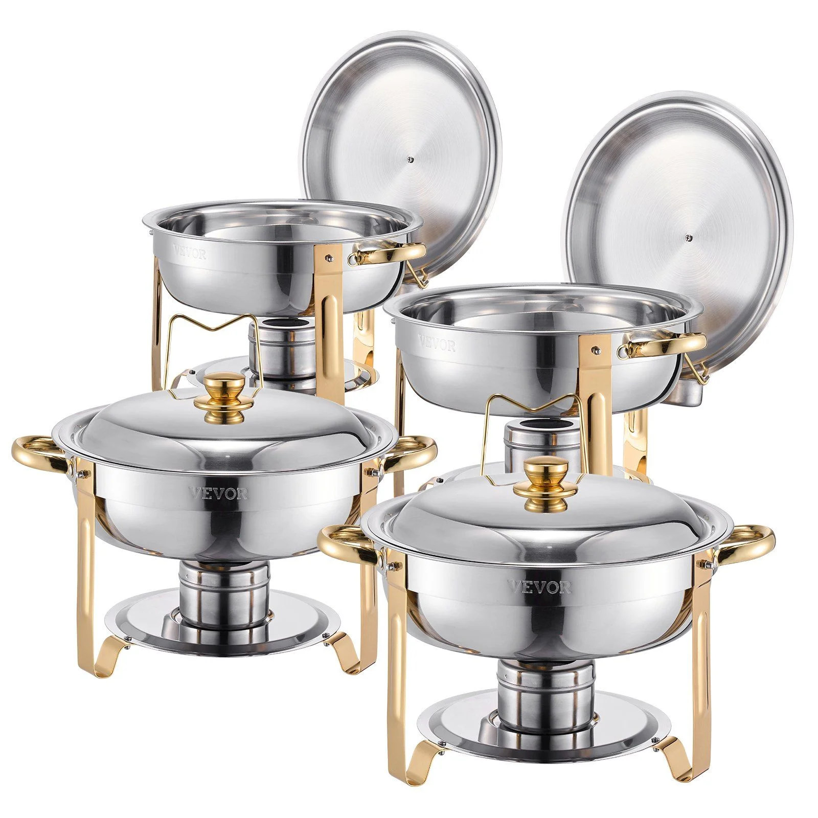 Chafing Dish Buffet Set, 5 Qt 4 Pack, Stainless Steel Chafer with 4 Full Size Pans, Round Catering Warmer Server with Lid Water Pan Folding Stand Clip, for Weddings Parties Banquets, Gold