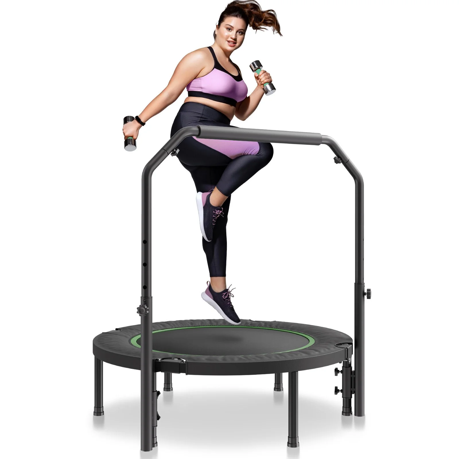 VEVOR Foldable Mini Trampoline, 40 Inch Fitness Rebounder, Max Load 330lbs Exercise Trampoline, Stable & Quiet Trampoline with 4 Level Height Adjustable Foam Handle, for Adults Indoor/Garden Workout