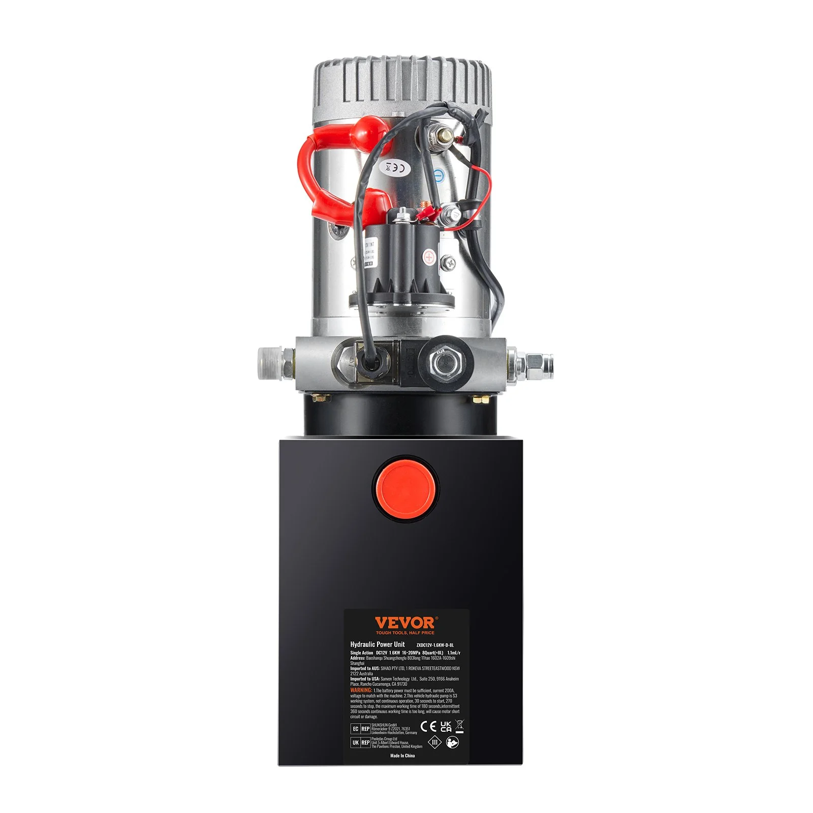 VEVOR Hydraulic Pump, 8 Quart Hydraulic Power Unit, Single Acting Dump Trailer Pump, 0.91 GPM Flow Rate, 3200 PSI Max Relief Pressure, DC 12V Hydraulic Pump for Dump Trailer Car Lifting