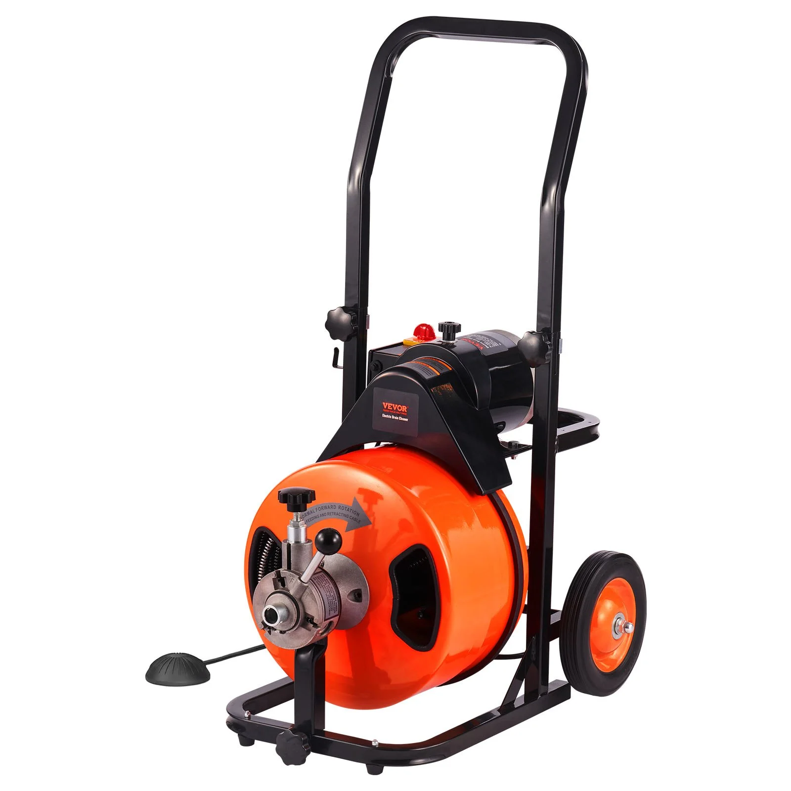 VEVOR Drain Cleaner Machine 75FT x 1/2Inch, Auto Feed Sewer Snake Auger with 4 Cutter & Air-activated Foot Switch for 2" to 4" Pipes, Orange, Black