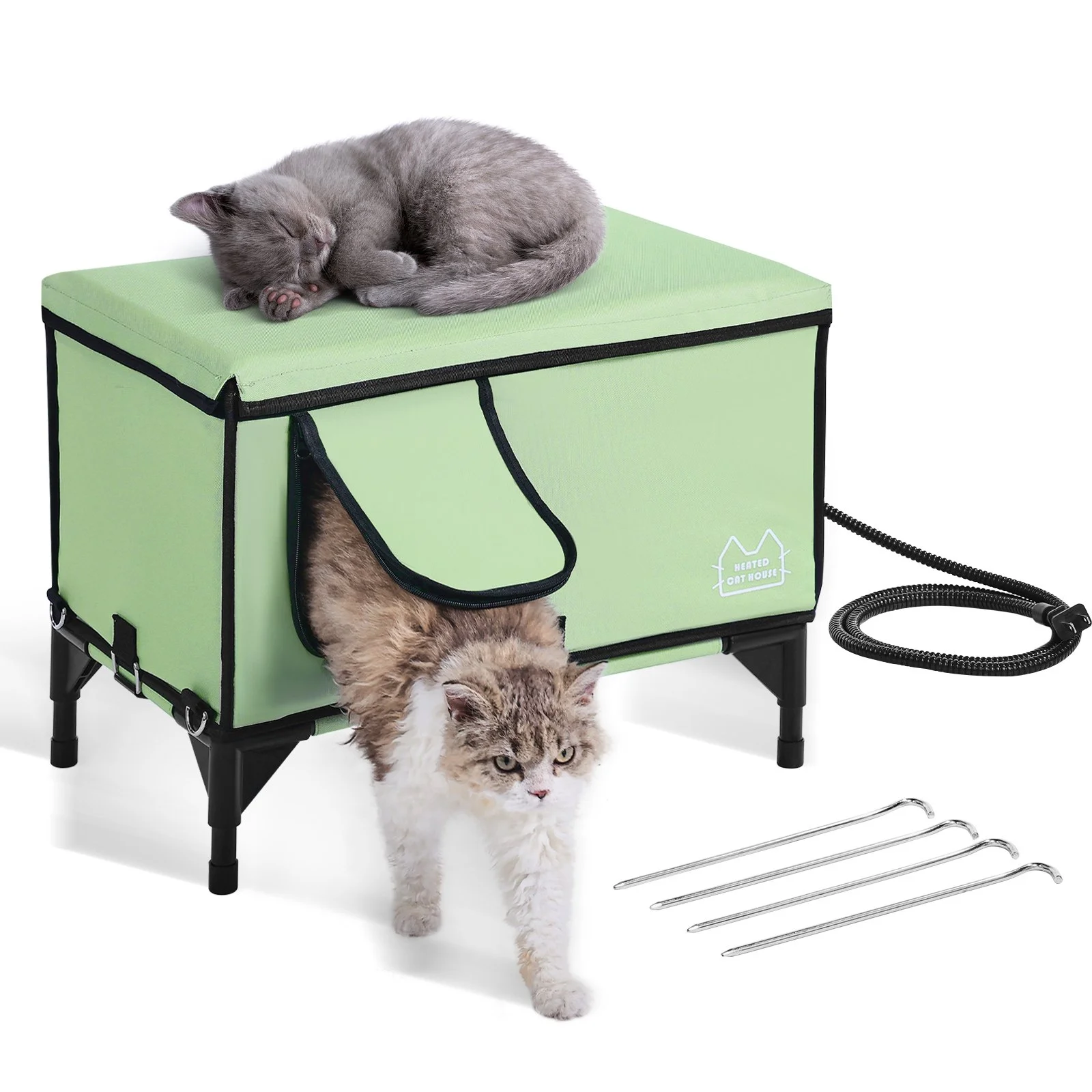 VEVOR Elevated Heated Cat House, Cuboid Kitty Shelter with Adjustable Temperature and Timer, 900D Oxford Cloth Foldable Cat Shelter with Heated Pad  for Winter to Stay Warm and Cozy, Green (Large)