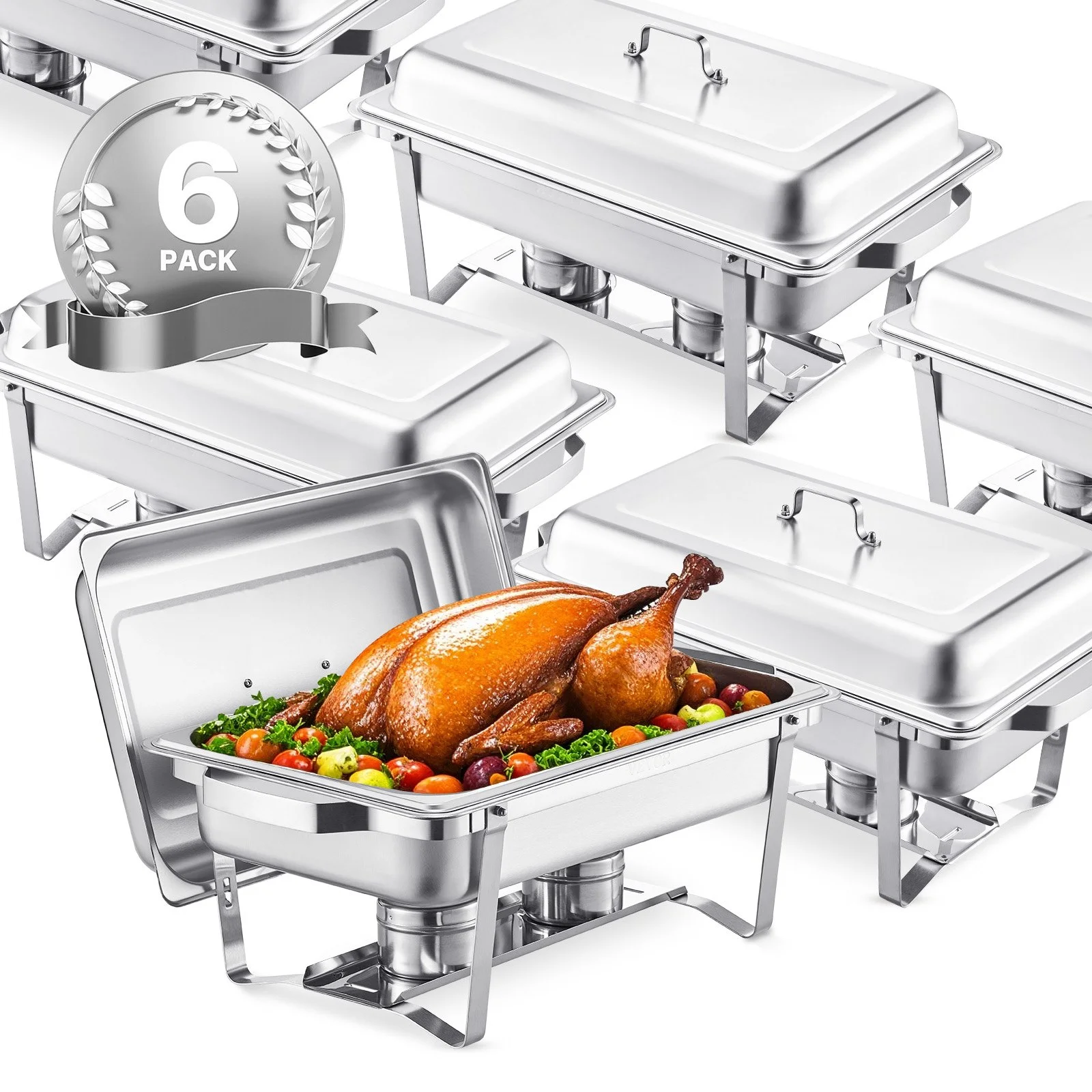 8 Qt 6 Pack Rectangle Chafing Dish Buffet Set Fullsize Pan Stainless Steel