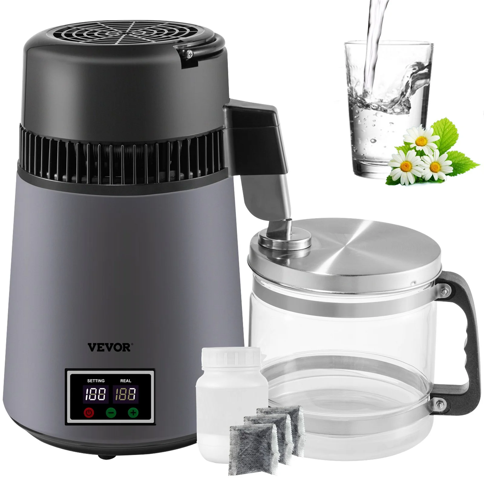 VEVOR Home Water Distiller Distilled Water Maker 4 L with Dual Temp Display Grey