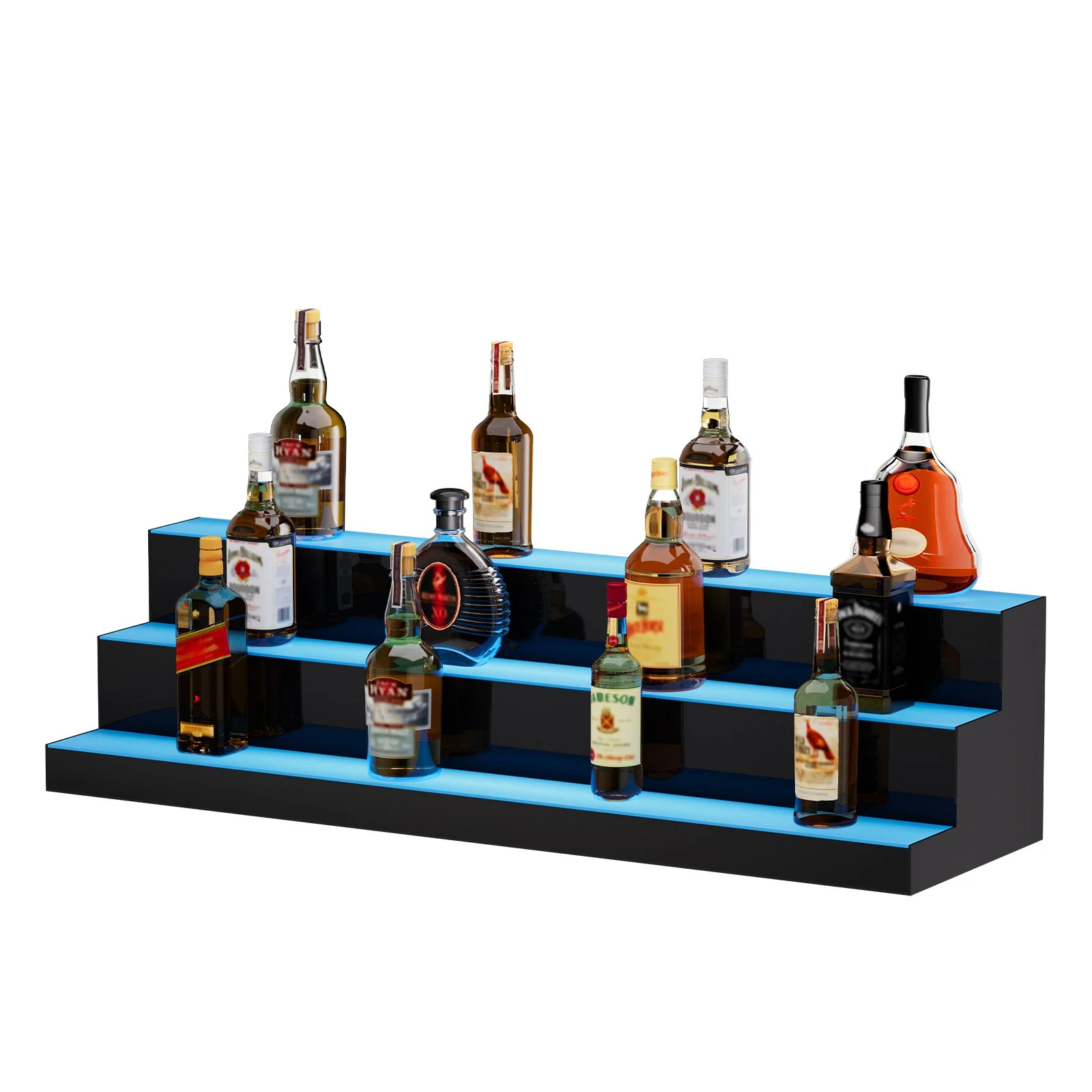 VEVOR LED Lighted Liquor Bottle Display, 3 Tiers 40 Inch Commercial Illuminated Home Bar Shelf, 3 Steps Whiskey Rack Stand, Acrylic Drink Shelves with RF Remote & App Control, and Multicolor lighting