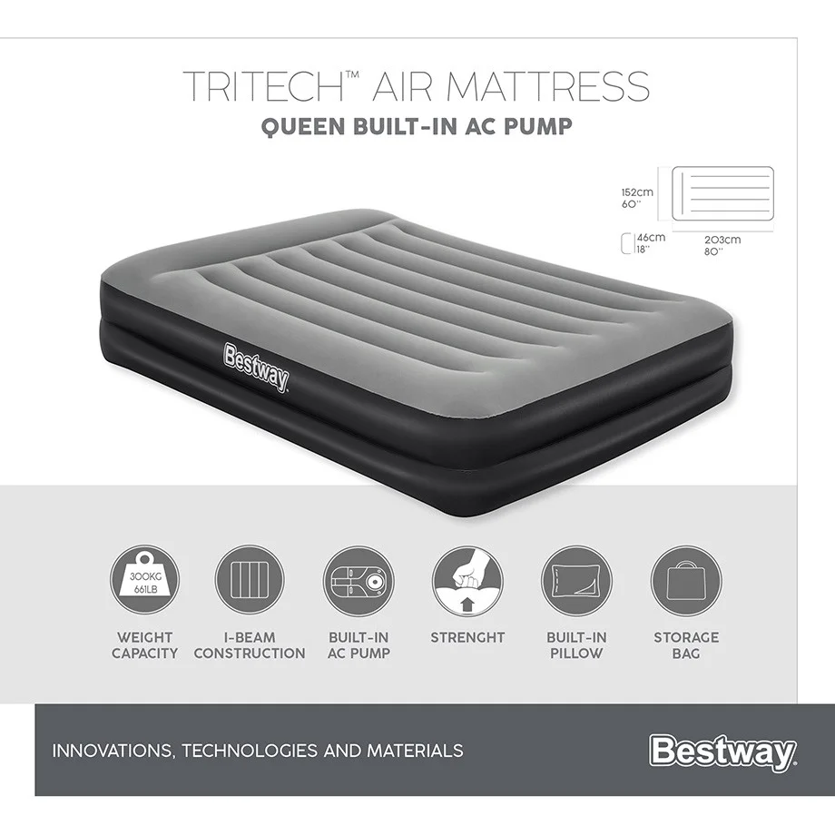 Bestway 2.03m x 1.52m x 46cm Tritech Air Mattress Queen Built-in AC pump