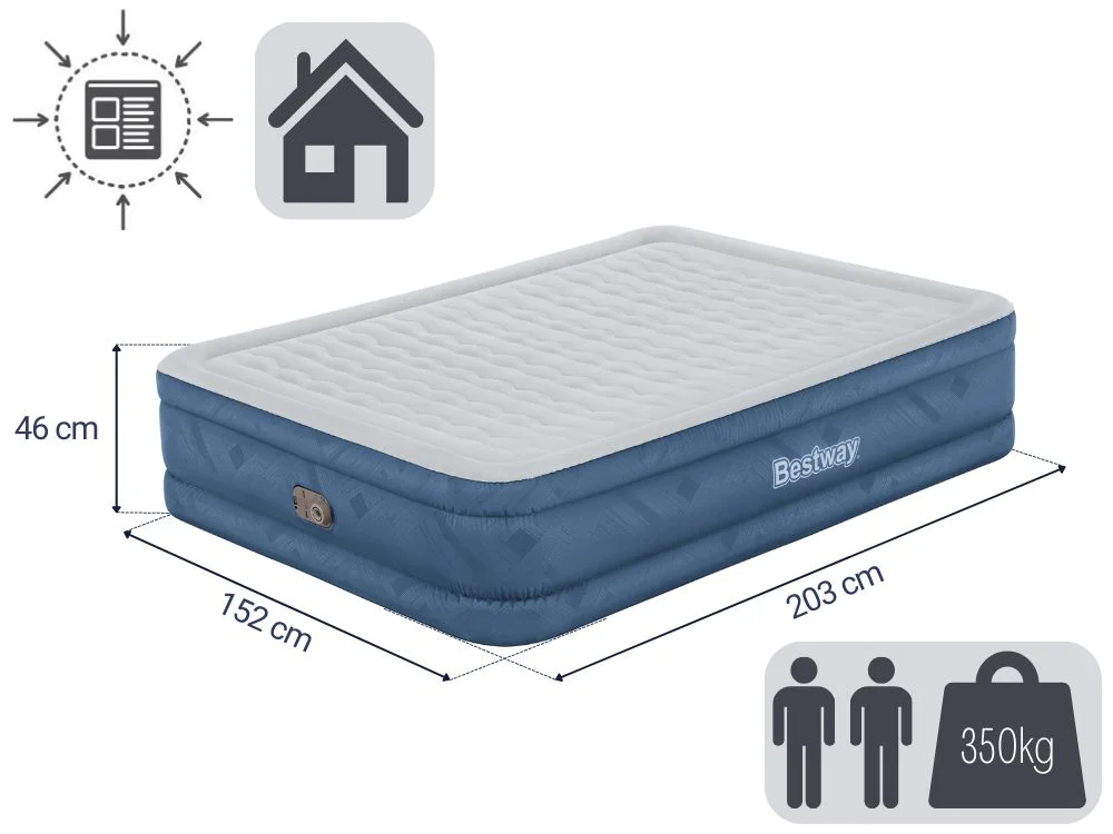 Bestway 2.03m x 1.52m x 46cm Fortech Snugable Top Air Inflatable Mattress Queen Built-in AC Pump